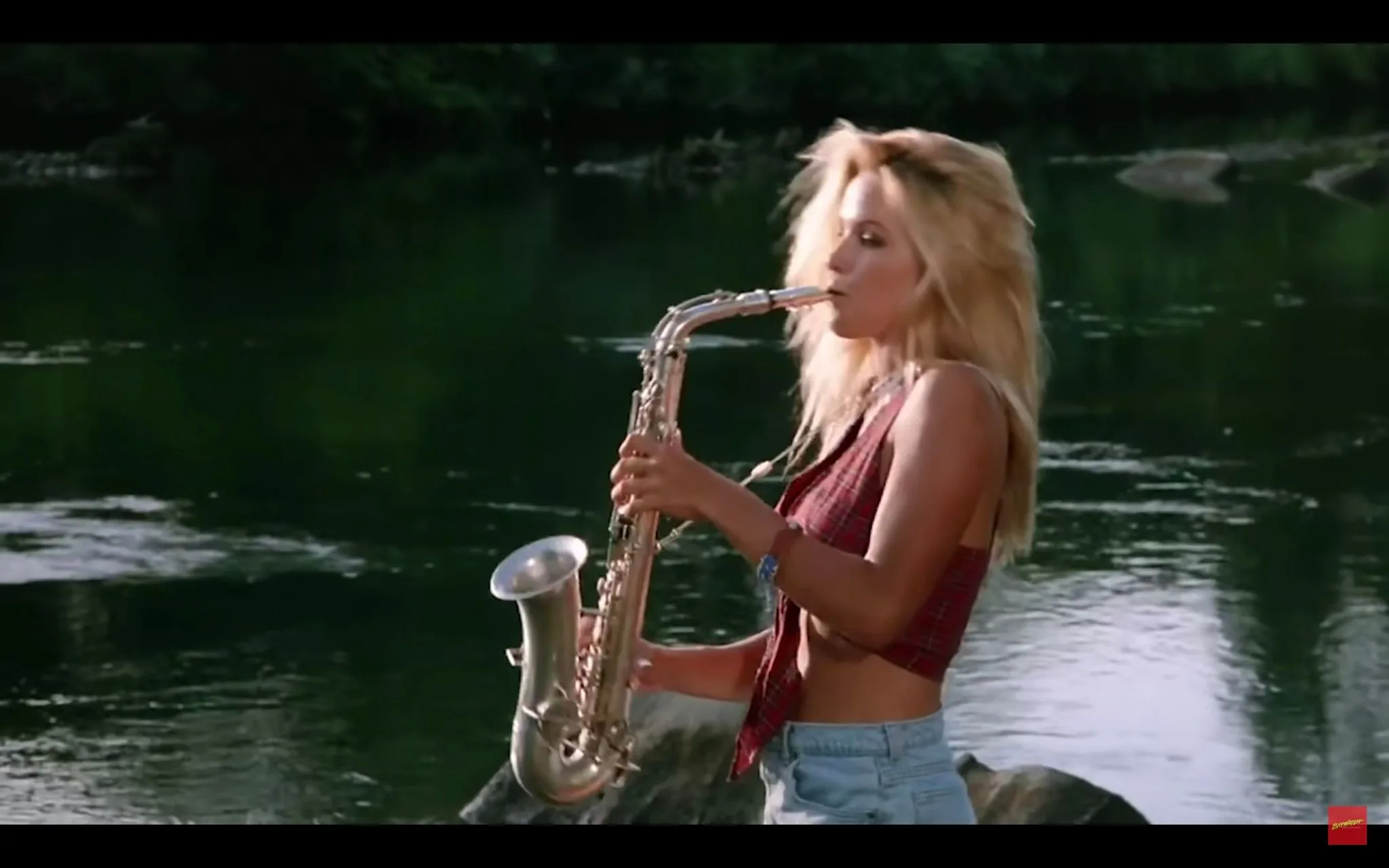 In this scene from "Hard Ticket to Hawaii," a woman is playing a saxophone by a river. The setting is outdoor, with lush greenery and water creating a serene backdrop. She has long blonde hair and is wearing a red plaid sleeveless top and denim shorts, giving off a casual and carefree vibe. The saxophone gleams in the sunlight, highlighting her musical performance. The lighting is natural, casting a warm glow on the scene. The overall mood is relaxed and peaceful, capturing a moment of leisure and musical expression in a picturesque natural environment.
- Publisher: "Sybil Danning Presents"