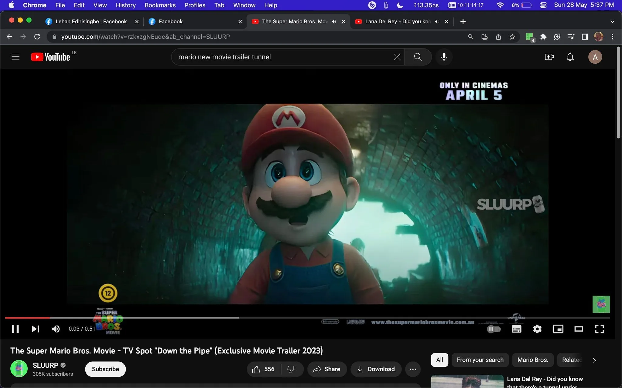 The image is a screenshot from a YouTube video titled "The Super Mario Bros. Movie – TV Spot 'Down the Pipe' (Exclusive Movie Trailer 2023)" on the SLUURP channel. The video is part of the promotional content for "The Super Mario Bros. Movie," produced by Universal. The scene features the iconic animated character Mario, who is depicted standing in a tunnel. Mario is wearing his classic red hat with the "M" logo, a red shirt, and blue overalls. His expression is curious and slightly surprised, and he is positioned in the center of the frame, drawing the viewer's attention.
The tunnel is dimly lit with a greenish-blue hue, creating an immersive and somewhat mysterious atmosphere. The texture of the tunnel walls appears to be made of brick, and light shines in from the background, illuminating the scene with a soft glow. The text on the screen mentions the movie's cinema release date as April 5. The video is part of a trailer promoting the film, capturing a moment of anticipation and adventure.
- Title: "The Super Mario Bros. Movie – TV Spot “Down the Pipe” (Exclusive Movie Trailer 2023)"
- Channel / profile: "SLUURP"
- Site / app: "YouTube"