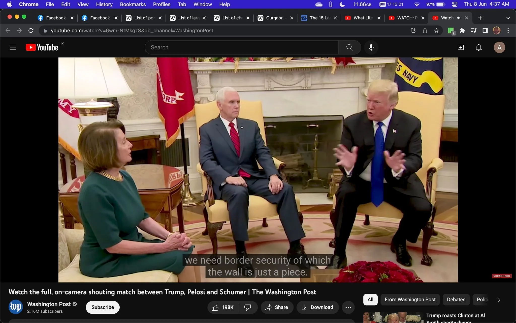 In this image, we see a scene set in the Oval Office, featuring Mike Pence, Nancy Pelosi, and Donald Trump. The room is elegantly decorated, reflecting the formal setting of a high-level political meeting. Nancy Pelosi is seated on the left in the foreground, wearing a green dress with a gold necklace. She seems engaged in conversation, her posture attentive. Mike Pence is in the center, sitting upright in a chair, wearing a dark blue suit, white shirt, and red tie, maintaining a neutral expression. Donald Trump is on the right, seated in another chair, gesturing with both hands, emphasizing his point. He is dressed in a dark suit with a white shirt and blue tie. The background includes a fireplace, flags, and ornate decor typical of the Oval Office. The lighting is bright, adding clarity to the setting. Subtitles at the bottom read, "we need border security of which the wall is just a piece," indicating the topic of discussion is related to border security. The YouTube interface is visible, with the title and channel information from the Washington Post.