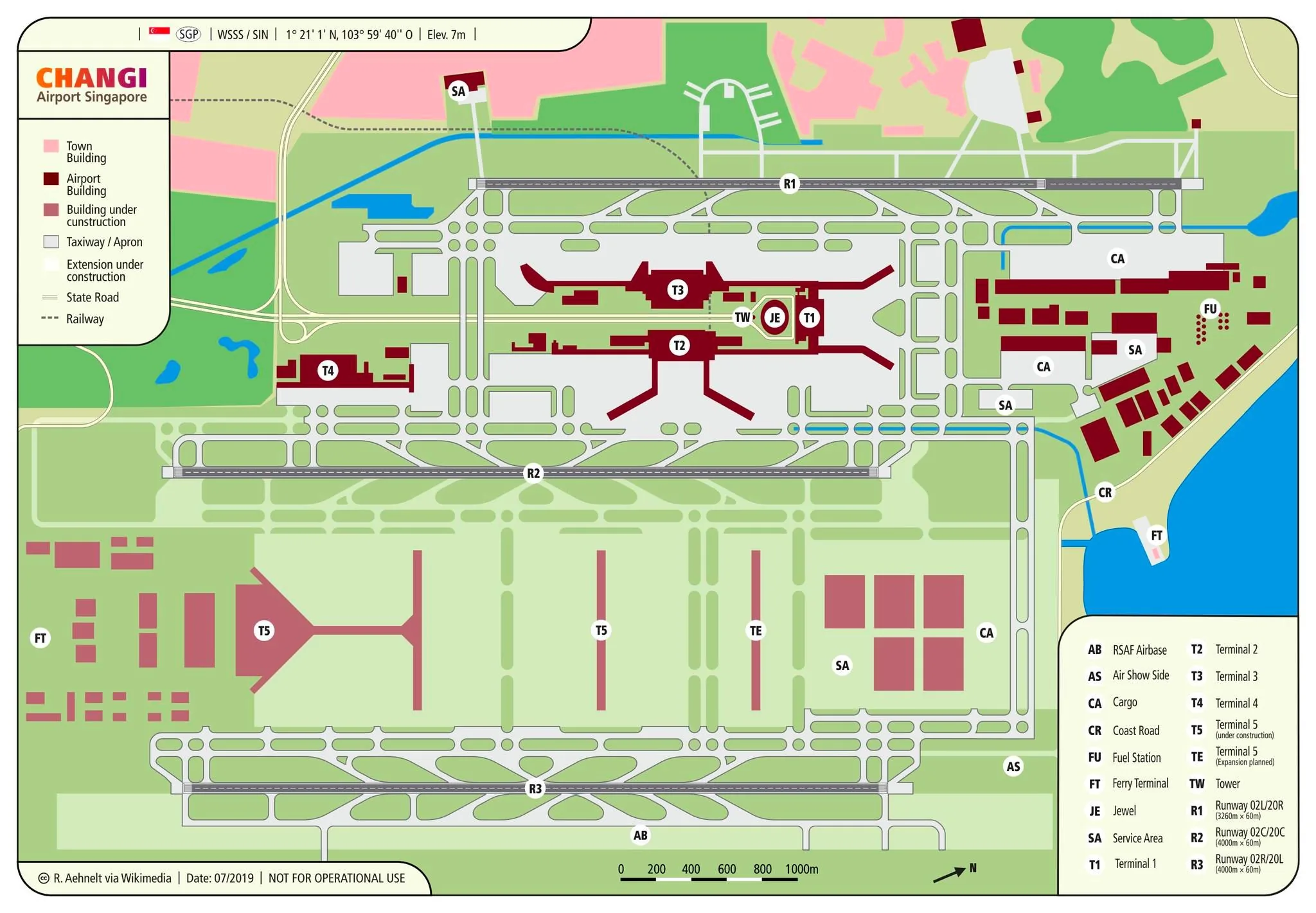 This is an illustrated map of Changi Airport in Singapore. The map uses a color-coded legend to denote various elements such as town areas, airport buildings, buildings under construction, taxiways, aprons, and railways. Airport terminals are prominently marked: Terminal 1 (T1), Terminal 2 (T2), Terminal 3 (T3), and Terminal 4 (T4). Terminal 5 (T5) is shown as under construction. Additional facilities include a ferry terminal (FT), Jewel (JE), and RSAF Airbase (AB). The map also indicates runways R1, R2, and R3, each labeled with their directions and lengths. The top section of the map features an area labeled as "SA" which stands for service area. Notably, the map includes notes like "Date: 07/2019" and "NOT FOR OPERATIONAL USE," emphasizing its illustrative purpose. The overall color palette includes greens, reds, and blues, providing a clear and informative layout for viewers.