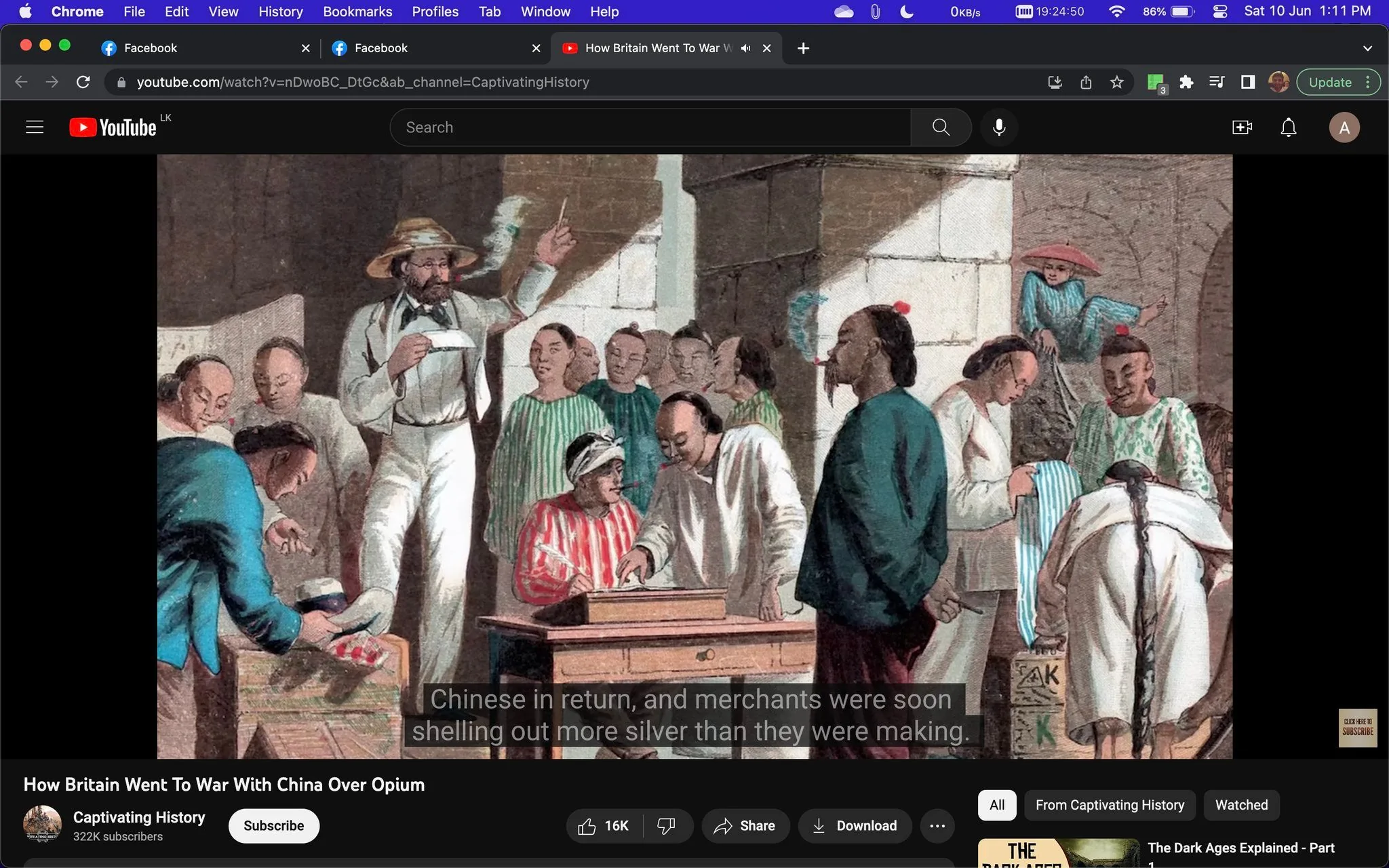 The screenshot is from a YouTube video titled "How Britain Went To War With China Over Opium," featured on the channel Captivating History. The scene depicts a historical illustration showing a group of people engaged in a discussion or trade. The attire is indicative of 19th-century clothing, with a mix of Western and Eastern styles. A man in Western attire, wearing a straw hat and holding a pipe, is centrally positioned, seemingly addressing a group of Chinese individuals. The people are gathered around a table laden with goods, indicating a trading or negotiation setting. The scene is busy, with various individuals in traditional Chinese clothing, some with queues in their hair, suggesting a setting in China during the Opium Wars. The illustration uses muted colors, typical of the period, capturing the tension and interaction between the two cultures. A caption at the bottom reads, "Chinese in return, and merchants were soon shelling out more silver than they were making," highlighting the economic pressures of the opium trade. The video aims to explore the historical context and impact of the Opium Wars.