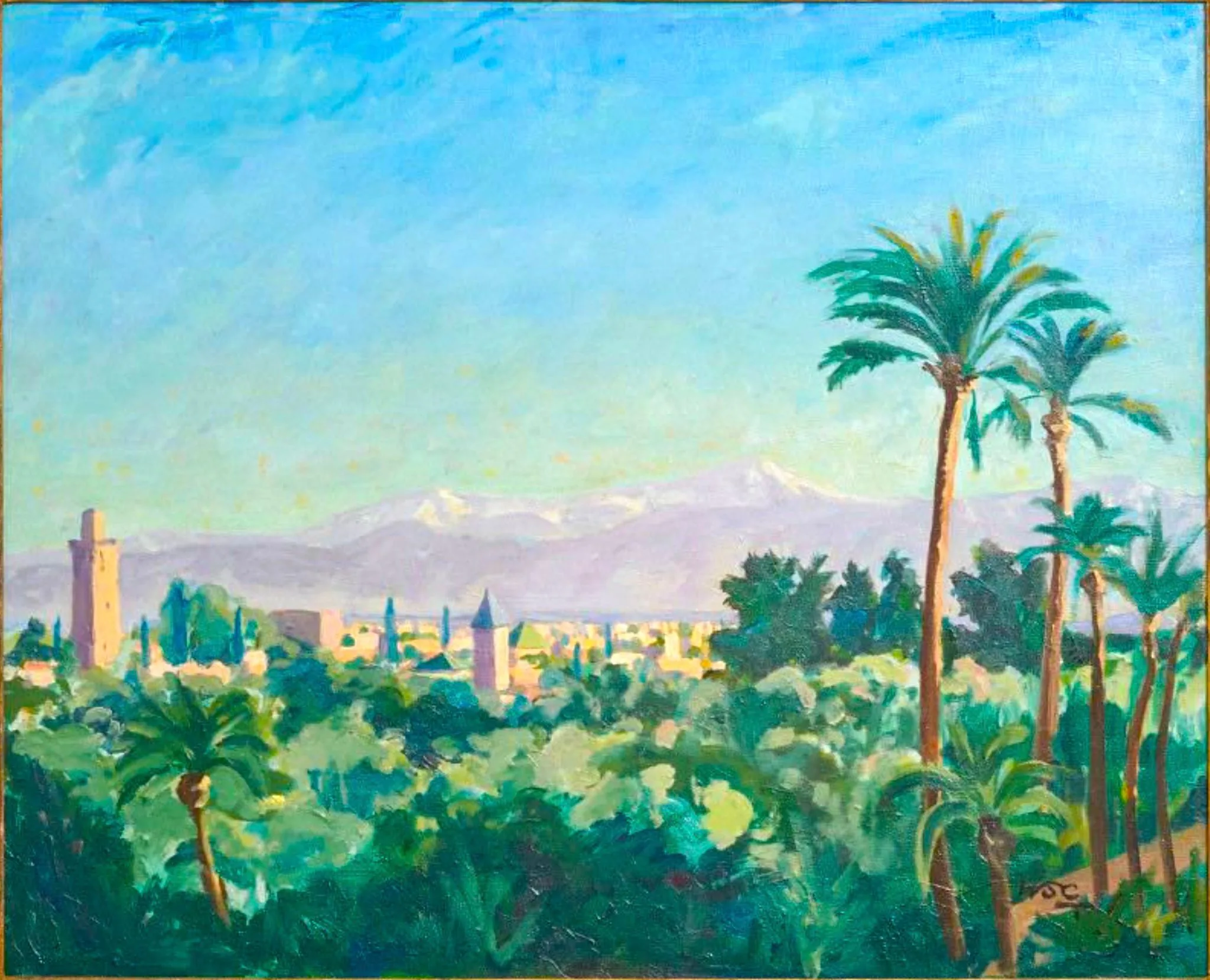This illustration depicts a vibrant landscape view of Marrakech. The composition features lush green foliage and tall palm trees dominating the foreground, giving a sense of dense greenery. In the midground, there is the silhouette of the city's architecture, including iconic structures like the Koutoubia Mosque's minaret, which stands prominently against the skyline. The background reveals the majestic Atlas Mountains, their peaks slightly dusted with snow, under a clear blue sky. The painting uses bright, warm colors, capturing the vividness of the scene and the warmth of the environment. The style is impressionistic, with broad, sweeping brushstrokes that create a sense of movement and life. The lighting suggests a clear, sunny day, enhancing the vibrancy of the colors. This artwork effectively captures the essence of Marrakech, blending natural beauty with architectural splendor.
