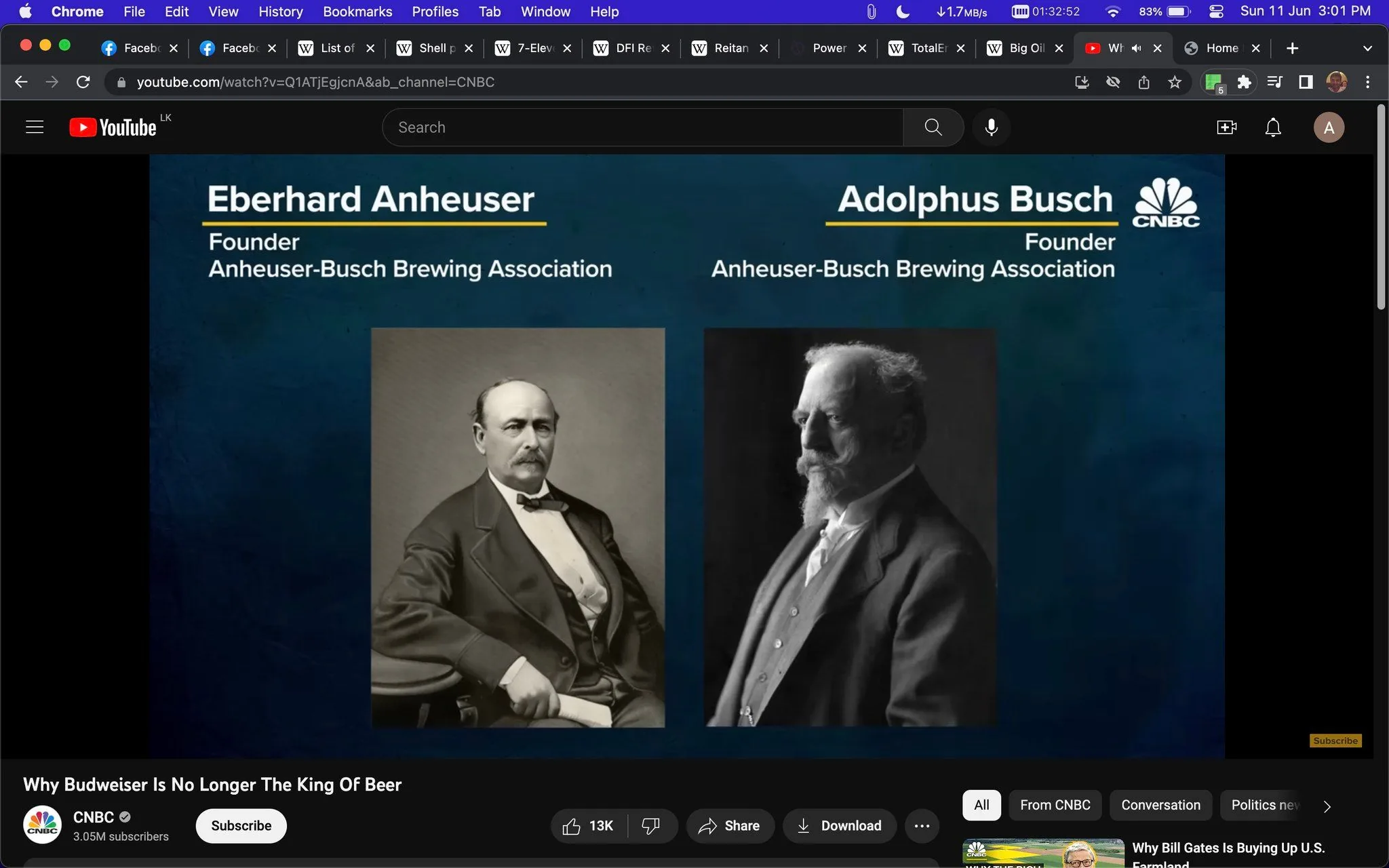 The image is a screenshot from a YouTube video titled "Why Budweiser Is No Longer The King Of Beer" by CNBC. It features a presentation slide showing two historical black and white portraits. On the left, the portrait of Eberhard Anheuser is displayed. He is depicted sitting with a formal and dignified posture, wearing a suit with a bow tie, suggesting a sense of authority and professionalism. On the right, the portrait of Adolphus Busch is shown, also in a formal suit, with a side profile view that highlights his thoughtful expression. Both men are identified as founders of the Anheuser-Busch Brewing Association, with their names prominently displayed above their images. The background of the slide is a muted blue, which contrasts with the grayscale of the portraits, adding a modern touch to the historical theme. The CNBC logo is visible on the top right corner, reinforcing the credibility and source of the content.