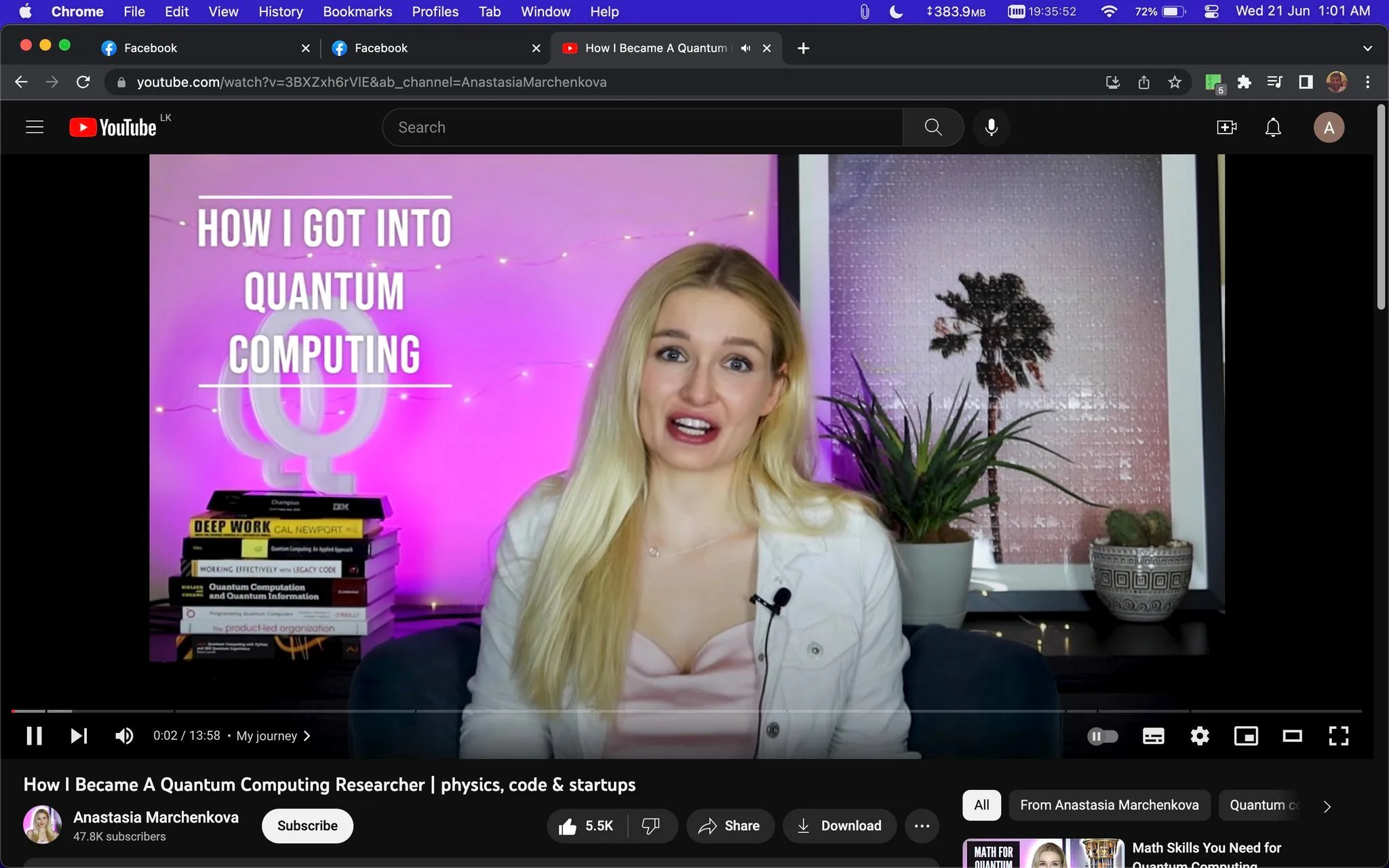 The image is a YouTube screenshot from the channel "Anastasia Marchenkova," titled "How I Became A Quantum Computing Researcher | physics, code & startups." In the frame, Anastasia Marchenkova is seated in a well-decorated indoor setting, with a bright and welcoming atmosphere enhanced by the warm lighting. She has long blonde hair and is wearing a light-colored outfit, exuding a professional yet approachable demeanor. Her expression is enthusiastic and engaged, suggesting she is sharing her personal story or insights.
Behind her, there is a pink-lit sign displaying the text "HOW I GOT INTO QUANTUM COMPUTING," emphasizing the video's focus on her journey into quantum computing. A stack of books is visible beside her, including "Deep Work" by Cal Newport, indicating an interest in productivity and deep concentration relevant to her field. The background features plants and a framed picture of a palm tree, adding a personal touch to the setting. The overall composition of the scene reflects a blend of professionalism and personal style, aligning with the video’s educational and inspirational theme.
- Title: "How I Became A Quantum Computing Researcher | physics, code & startups"
- Channel / profile: "Anastasia Marchenkova"
- Site / app: "YouTube"