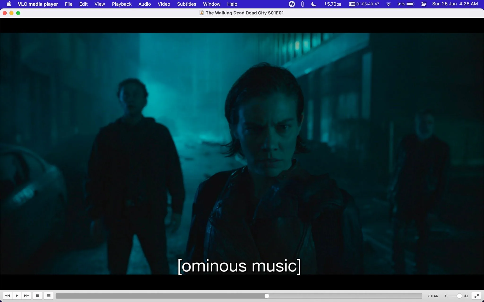 The image is a screenshot from a video being played in VLC media player. The title text indicates that it is from "The Walking Dead Dead City S01E01." The scene is set at night with a dark, moody atmosphere. The lighting has a bluish tint, creating an ominous and eerie setting typical of a post-apocalyptic environment.
In the foreground, a woman with short, dark hair, identified by the hint as Laura Cohen, appears focused and tense. Her expression suggests she is on high alert, possibly facing a threatening situation. She wears a dark jacket, appropriate for the gritty and dangerous world depicted in the series. Behind her, two figures stand in shadow, contributing to the suspenseful mood.
The background is blurred but suggests an urban setting with distressed or abandoned buildings, reinforcing the post-apocalyptic theme. The subtitle "[ominous music]" adds to the tension, indicating a dramatic or intense moment in the narrative. This scene likely reflects the struggle and survival themes central to the series.
- Title: "The Walking Dead Dead City S01E01"
- Site / app: "VLC media player"
- Captions / subtitles: "ominous music"