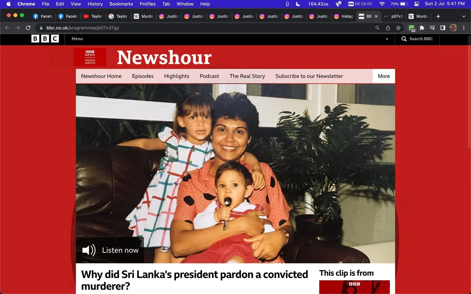 The image is a screenshot from the BBC website, featuring a family portrait. In the photograph, infant Yvonne and Caroline Jonsson are with their mother. The setting is indoors, likely a living room, with a leather couch and a potted plant in the background. The mother is seated on the couch, smiling warmly, while holding an infant who is sucking on a spoon. The older child is standing beside her, wearing a colorful checkered dress. The mother wears a pink blouse with black polka dots, creating a cheerful and familial atmosphere.
The BBC website's interface is visible, with the "Newshour" section featured prominently. The headline reads: "Why did Sri Lanka's president pardon a convicted murderer?" A "Listen now" button suggests an audio component related to the article. The overall color scheme includes red and black, consistent with BBC’s branding.