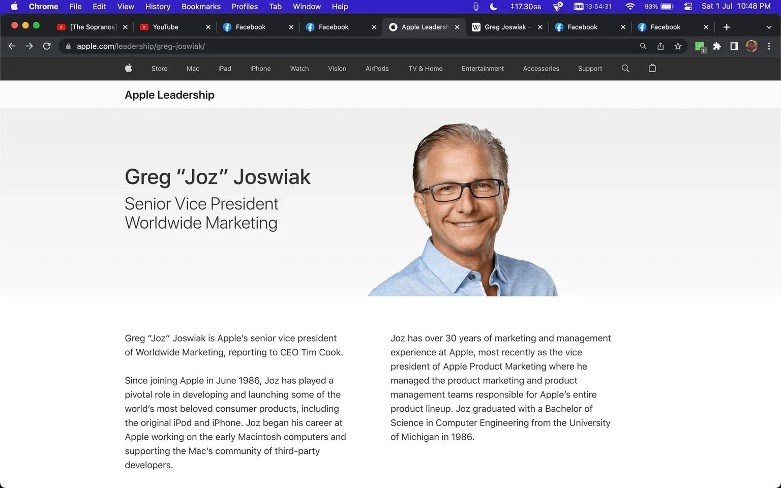 Greg “Joz” Joswiak is featured in this screenshot from the Apple website. He is identified as the Senior Vice President of Worldwide Marketing. The page highlights Joswiak as a key figure at Apple since June 1986, noting his contributions to major product launches like the iPod and iPhone. The text further details his over 30 years of experience at Apple, where he has managed product marketing and product management teams. Joswiak is portrayed in a professional manner, wearing glasses and a light blue button-up shirt, exuding an approachable and confident demeanor. The background is simple, emphasizing the content and portrait. The site’s interface is sleek and modern, consistent with Apple's branding. This profile is likely part of a larger series on Apple's leadership team.
- Title: "Apple Leadership"
- Site / app: "apple.com"