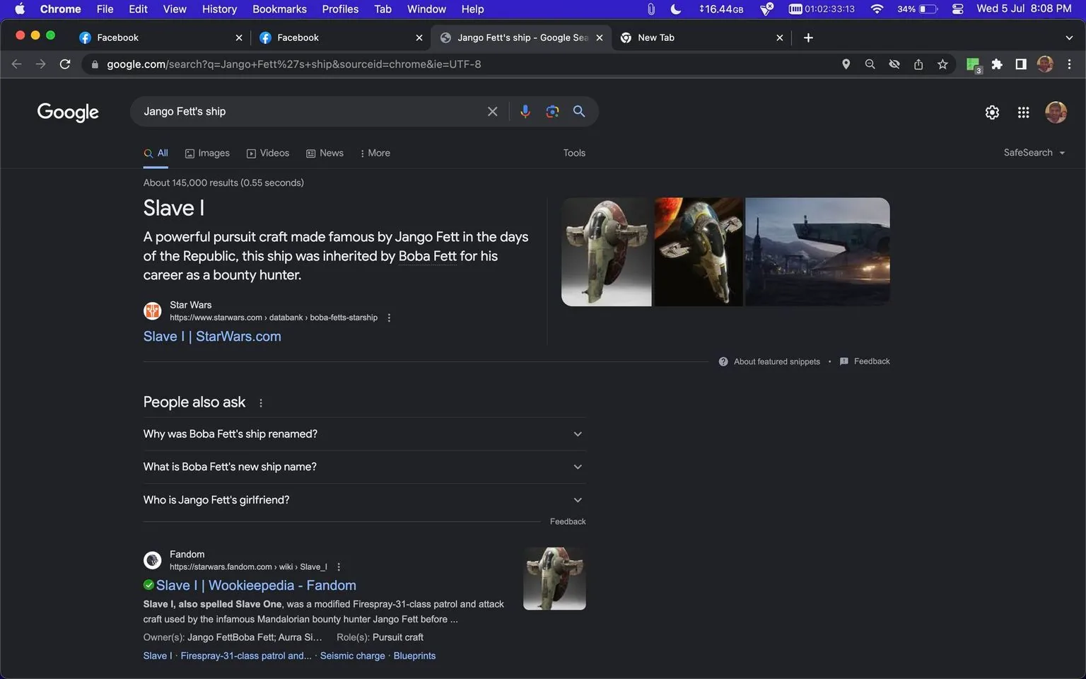 The screenshot displays a Google search results page in dark mode with the query "Jango Fett's ship." At the top, the text highlights "Slave I," a well-known pursuit craft from the "Star Wars" universe. This ship is famous for being used by Jango Fett and later inherited by Boba Fett for his bounty hunting endeavors. The page includes images of the ship, depicting its distinct design. Below the summary, there's a "People also ask" section with related questions about the ship's renaming and details about Jango Fett. The visible links direct to "StarWars.com" and "Wookieepedia," indicating that the content is sourced from official and fan-based Star Wars resources. The browser's URL bar shows a search on Google, and additional tabs are open, including Facebook. The overall tone is informative, focusing on the iconic spacecraft from the Star Wars franchise.
- Title: "Jango Fett's ship"
- Site / app: "Google"