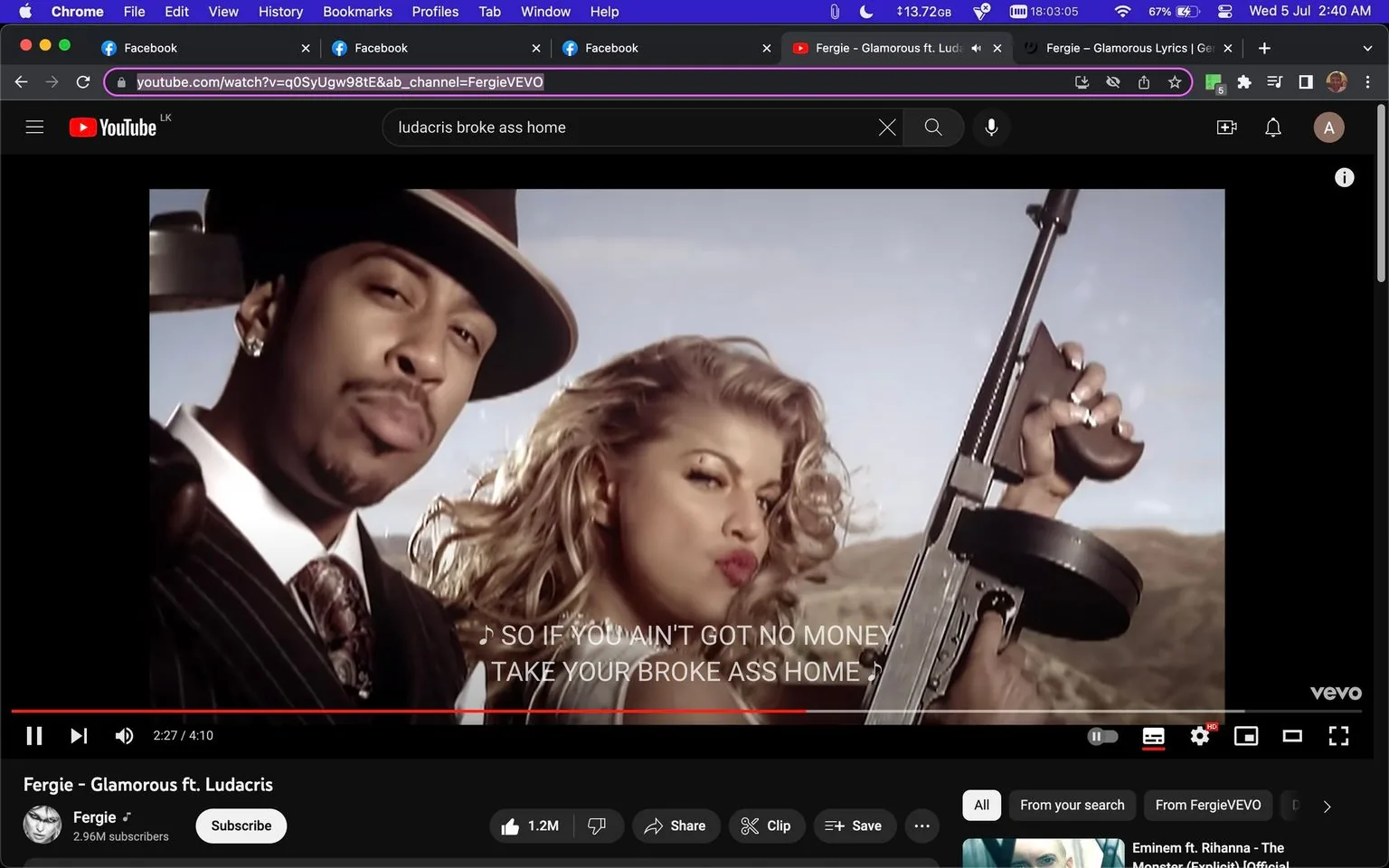 In this scene from the music video "Glamorous" by Fergie featuring Ludacris, the two artists are prominently displayed against a backdrop that appears to be a desert or rural setting. Fergie is holding a vintage-style machine gun, adding a dramatic and edgy flair to the scene. Her hair is styled in glamorous waves, and her makeup is bold, matching the song's luxurious theme. Ludacris is dressed in a pinstripe suit and a fedora, exuding a classic, sophisticated vibe. The frame captures both artists with confident expressions, fitting the tone of the lyrics, which emphasize themes of wealth and luxury. The color palette is warm, with a soft focus that adds a nostalgic feel to the scene. The video title is "Fergie - Glamorous ft. Ludacris," and it is hosted on the YouTube channel "Fergie." The subtitles included in this frame read, "SO IF YOU AIN'T GOT NO MONEY, TAKE YOUR BROKE ASS HOME," capturing the song's catchy and direct message. The overall atmosphere is one of style and boldness, reflecting the personas of both artists.
- Title: "Fergie - Glamorous ft. Ludacris"
- Channel / profile: "Fergie"
- Site / app: "YouTube"
- Captions / subtitles: "SO IF YOU AIN'T GOT NO MONEY, TAKE YOUR BROKE ASS HOME"