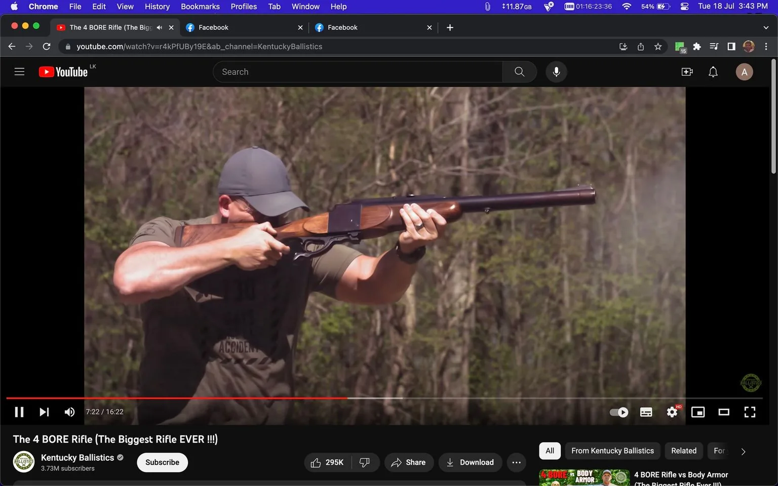 The image is a screenshot from a YouTube video titled "The 4 BORE Rifle (The Biggest Rifle EVER !!!)" on the "Kentucky Ballistics" channel. The scene captures a person outdoors, in a wooded area, firing a large rifle. The person is wearing a gray cap and a dark green T-shirt, holding the rifle firmly against their shoulder while aiming and shooting. The rifle is large and robust, indicative of the 4 BORE rifle being discussed in the video. Smoke is visible around the muzzle, showing that a shot has just been fired. The lighting is natural, suggesting the scene is taking place during daylight hours. The video seems to focus on firearm demonstration and possibly testing the rifle's power and capabilities in an open and natural setting. The interface of the YouTube platform is visible, with options for liking, sharing, and downloading the video. There is significant viewer engagement, with a like count shown below the video.
- Title: "The 4 BORE Rifle (The Biggest Rifle EVER !!!)"
- Channel / profile: "Kentucky Ballistics"
- Site / app: "YouTube"