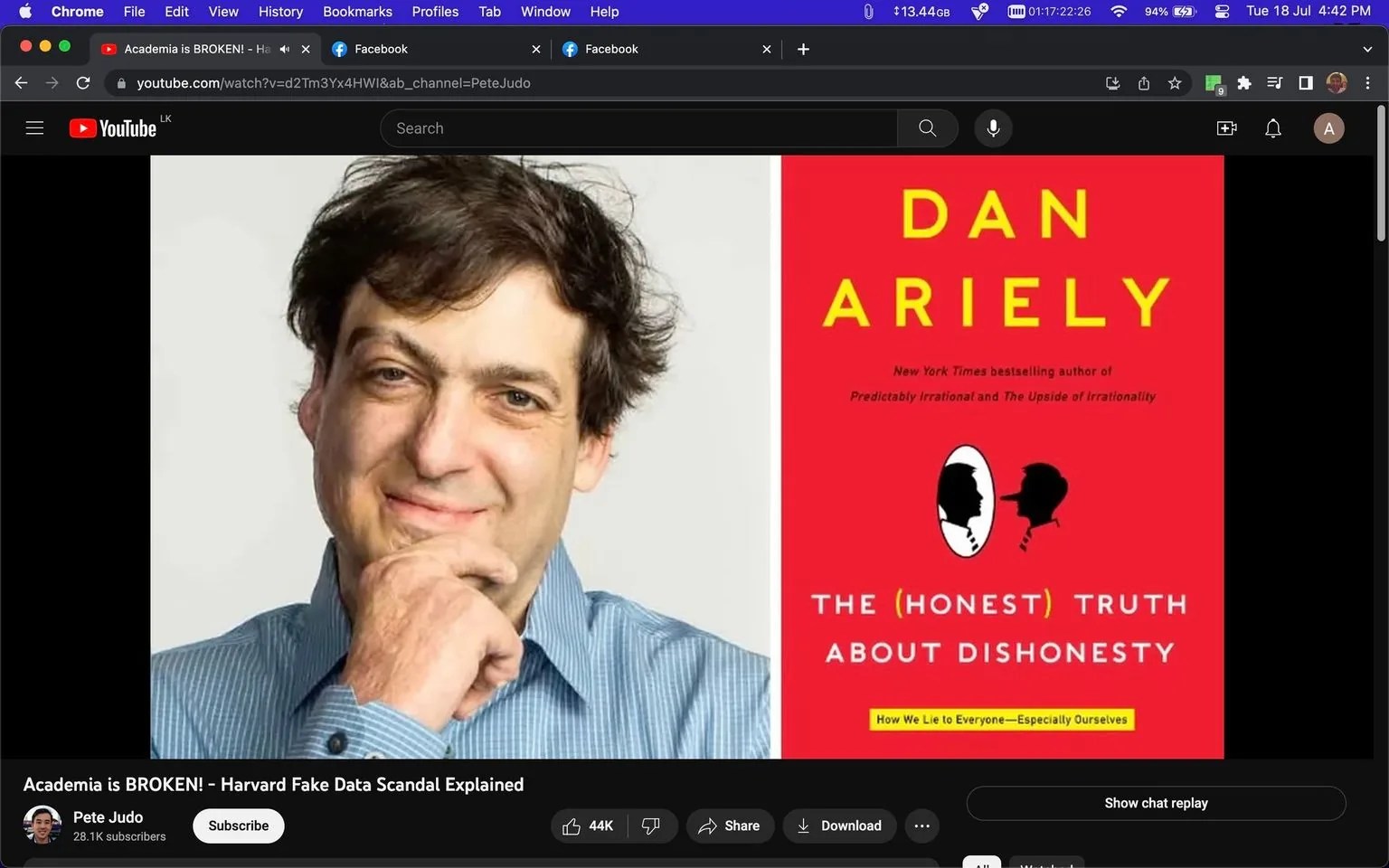 The image is a screenshot from a YouTube video titled "Academia is BROKEN! – Harvard Fake Data Scandal Explained." The channel hosting the video is Pete Judo. The screenshot features a split image with a portrait of a man in a blue shirt on the left and a book cover on the right. The man, identified as Dan Ariely, has a thoughtful expression, resting his chin on his hand. The book cover is bright red with bold yellow text, displaying the title "The (Honest) Truth About Dishonesty." The subtitle highlights Ariely as a New York Times bestselling author, known for works like "Predictably Irrational" and "The Upside of Irrationality." The composition is clean with Ariely's portrait taking the left half and the book cover on the right, both providing a clear visual link to the topic of dishonesty and academia. The setting appears to be indoors, with a professional and polished presentation.
- Title: "Academia is BROKEN! – Harvard Fake Data Scandal Explained"
- Channel / profile: "Pete Judo"
- Site / app: "YouTube"