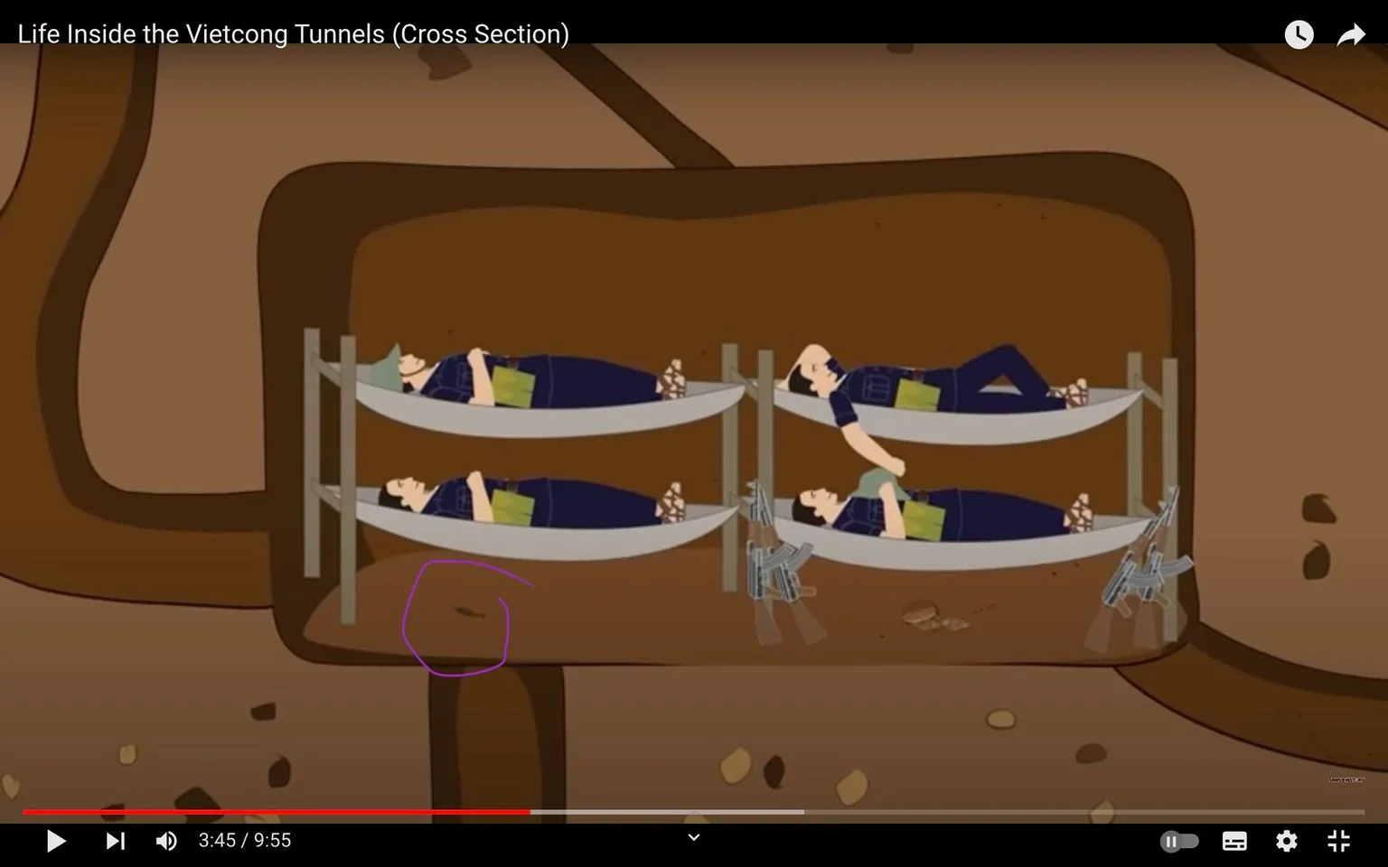 This illustration depicts a cross-section of the Vietcong tunnels used during the Vietnam War. The scene shows two sets of bunk beds arranged vertically within the earthen walls of the tunnel. Each bed is occupied by a figure wearing dark blue uniforms, indicative of Vietcong soldiers. The soldiers rest in a relaxed posture, some with arms folded or resting on their torsos, suggesting a moment of respite or sleep. A few weapons, resembling rifles, are propped against the wall near the beds, emphasizing the militaristic context. The earthy brown tones dominate the composition, conveying the underground setting. The curved tunnel walls are designed to suggest a handmade, subterranean environment. Lighting is minimal and functional, adding to the sense of being deep below the surface. The illustration is stylized, with simple lines and solid colors, contributing to a clear and educational depiction of life inside the tunnels. The title "Life Inside the Vietcong Tunnels (Cross Section)" provides context for the scene, focusing on the survival and living conditions of the soldiers.