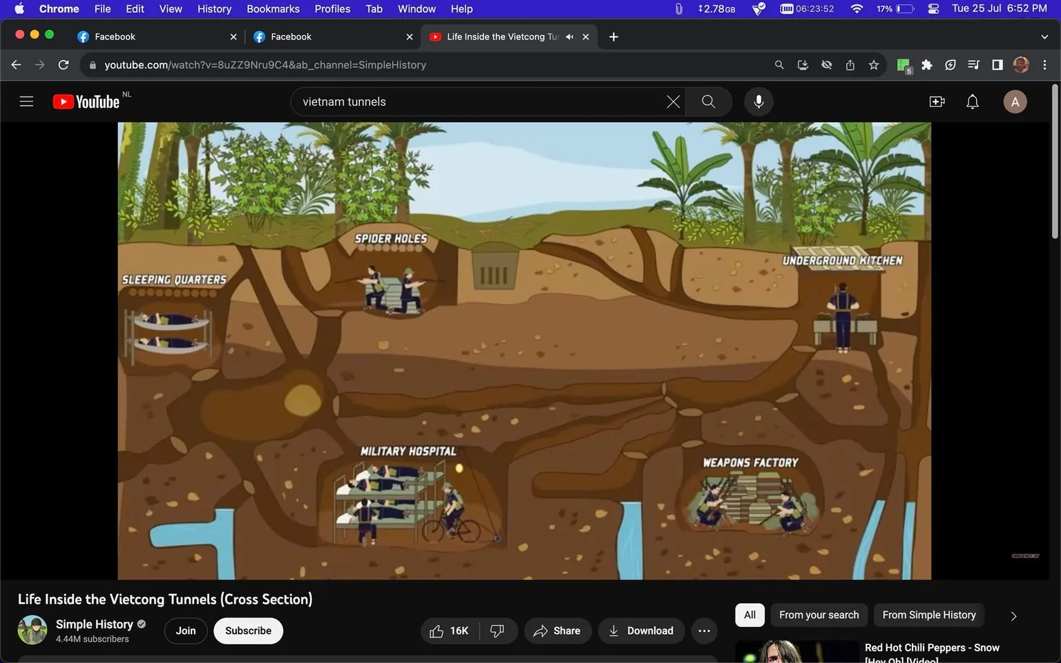 The image is an illustrated cross-section depicting various sections of the Vietcong tunnels used during the Vietnam War. The illustration is vibrant and colorful, with earthy tones representing the underground environment. Above ground, there is lush greenery with trees and plants, indicating a jungle setting. The underground section is divided into labeled areas: "Sleeping Quarters," depicting bunk beds; "Spider Holes," showing people emerging from small concealed openings; "Underground Kitchen," with a person preparing food; "Military Hospital," where individuals are shown on beds and one person appears to be pedaling a bicycle-powered device; and "Weapons Factory," where two people are working with equipment.
The composition is educational, providing insight into the different functions of the tunnel system. The illustration style is simple yet detailed, capturing the resourcefulness of the tunnel network. The YouTube interface is visible, showing the video title "Life Inside the Vietcong Tunnels (Cross Section)" by the channel "Simple History."
- Title: "Life Inside the Vietcong Tunnels (Cross Section)"
- Channel / profile: "Simple History"
- Site / app: "YouTube"