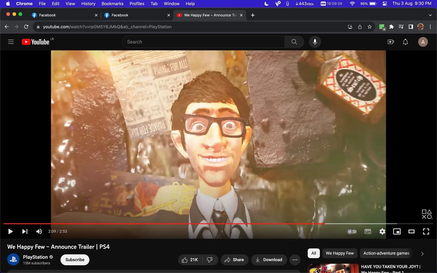 The screenshot captures a moment from the "We Happy Few – Announce Trailer | PS4" video on YouTube, hosted on the PlayStation channel. It features an animated character with exaggerated features including wide eyes and a broad smile, wearing glasses and a suit. The character is placed centrally against a backdrop filled with various objects, including a newspaper with visible text "PARADE FOR ALL" and a bottle with a patterned label. The setting exudes an eerie or surreal atmosphere, enhanced by warm, somewhat chaotic lighting that reflects the game's unique aesthetic. The colors are vibrant, contributing to a sense of dissonance or tension, typical of the game's narrative. This scene likely represents the unsettling world of "We Happy Few," where societal norms are disrupted. The interface shows typical YouTube elements like the video title, channel name, and viewer interaction buttons. The title indicates this is an announcement trailer for the PlayStation 4 platform.
- Title: "We Happy Few – Announce Trailer | PS4"
- Channel / profile: "PlayStation"
- Site / app: "YouTube"