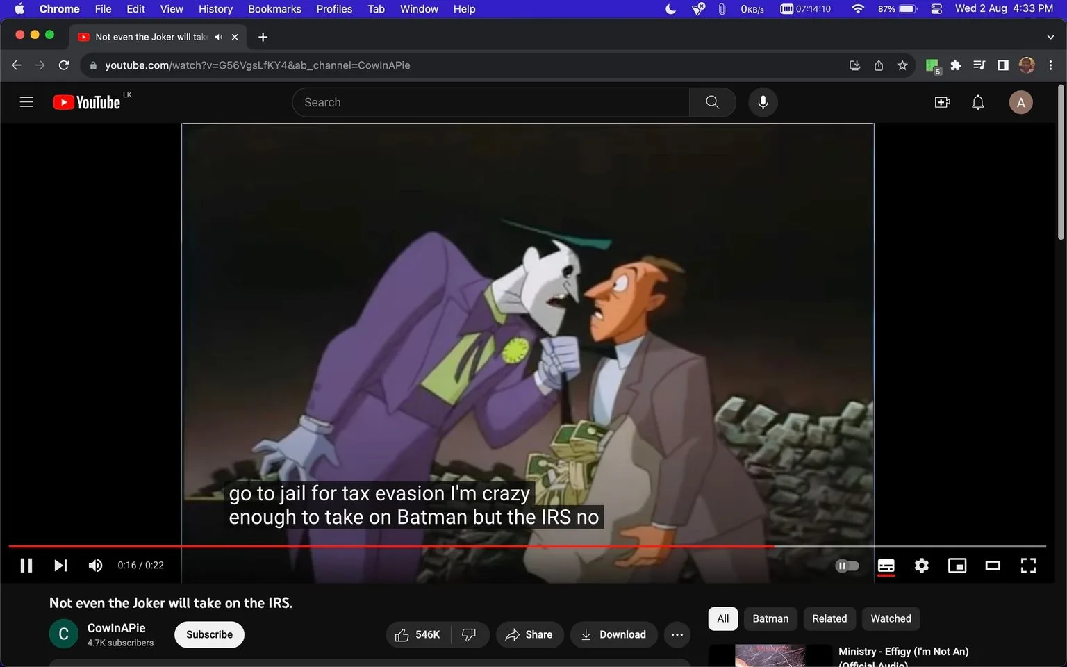 The image is a screenshot from a YouTube video titled "Not even the Joker will take on the IRS." It is hosted on the channel "CowInAPie." The scene features a character, hinted to be the Joker, in an animated style, wearing a purple suit with a green shirt and tie, leaning menacingly towards another character. The other character, a man in a brown suit, appears startled or intimidated, clutching a sack filled with dollar bills. The setting is dimly lit, with a background suggesting a desolate or urban environment, possibly at night, adding a sense of tension. The Joker's expression is intense, fitting his character's reputation for chaos and intimidation. The humor in the scene comes from the subtitles, which read, "go to jail for tax evasion I'm crazy enough to take on Batman but the IRS no," suggesting even the Joker fears the IRS. The animation is vibrant, with strong contrasting colors highlighting the characters and their emotions.
- Title: "Not even the Joker will take on the IRS."
- Channel / profile: "CowInAPie"
- Site / app: "YouTube"
- Captions / subtitles: "go to jail for tax evasion I'm crazy enough to take on Batman but the IRS no"
