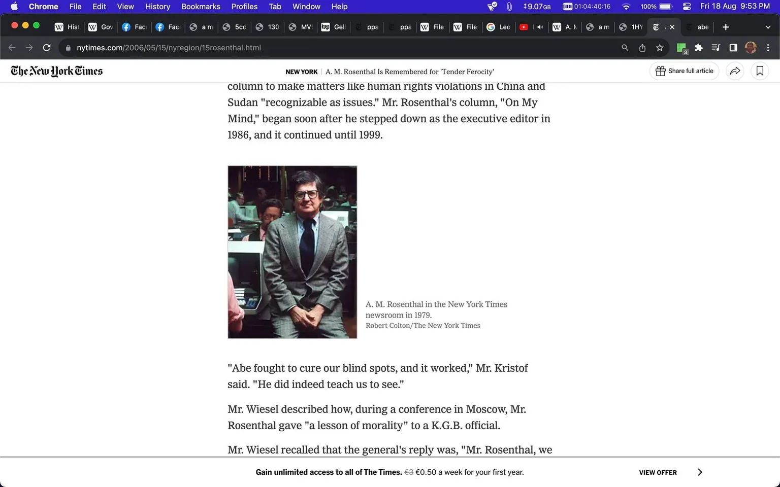 The image features A. M. Rosenthal, a notable figure in journalism, standing in the New York Times newsroom in 1979. Rosenthal is dressed in a formal suit with a tie, conveying professionalism. The background showcases a busy newsroom environment typical of the era, with people working at desks and computers visible, hinting at the bustling nature of a newspaper office. The lighting is bright, emphasizing the workspace ambiance. Rosenthal stands confidently with his hands resting in front, exuding an authoritative yet approachable demeanor.
The accompanying text is a tribute to Rosenthal's influential career, highlighting his efforts to address human rights issues and his moral stance during significant historical moments. The screenshot is from the New York Times website, with a subscription offer visible at the bottom, indicating a typical news article format. The headline "A. M. Rosenthal Is Remembered for 'Tender Ferocity'" suggests a reflective piece on his legacy, celebrating his impactful contributions to journalism.