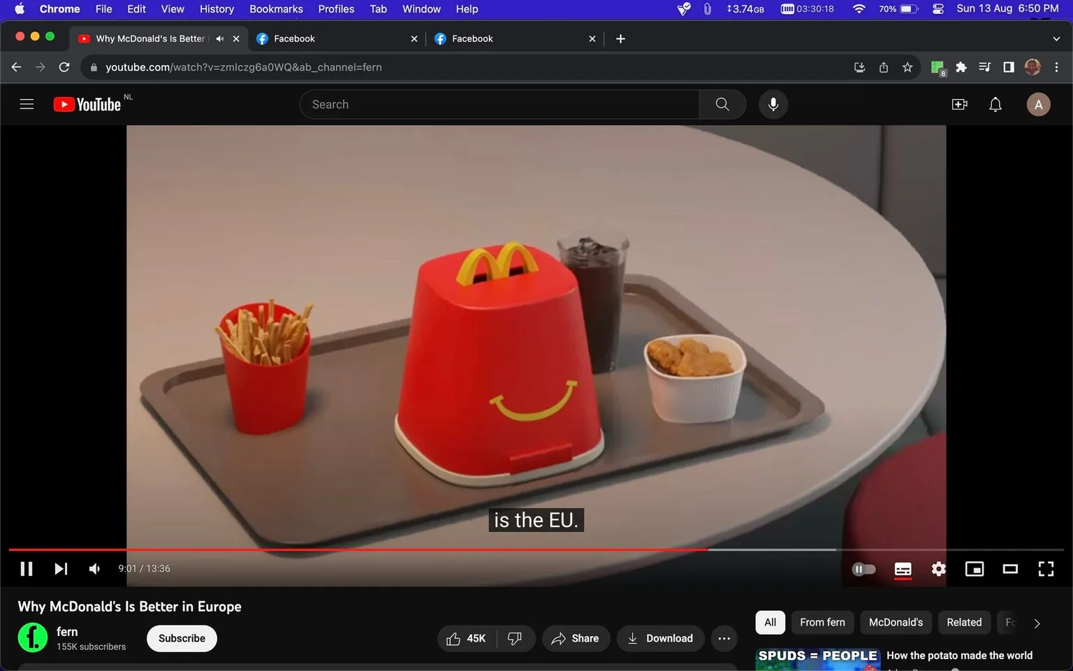 The image is a video frame from a YouTube video titled "Why McDonald's Is Better in Europe," hosted on the channel "fern." The scene features a close-up of a table in a fast-food restaurant setting, likely McDonald's given the context. On the table is a gray tray with several items: a red container with the McDonald's logo, a cup of fries, a drink in a clear cup, and a small bowl of chicken nuggets. The red container has a yellow McDonald's 'M' logo and a smiley face, resembling the branding style of McDonald's packaging.
The setting appears to be indoors, possibly a McDonald's outlet, with neutral lighting. The caption visible in the frame reads "is the EU." The video seems to discuss differences in McDonald's offerings or services between Europe and other locations, inferred from the title. The scene conveys a typical fast-food meal presentation with recognizable branding elements.