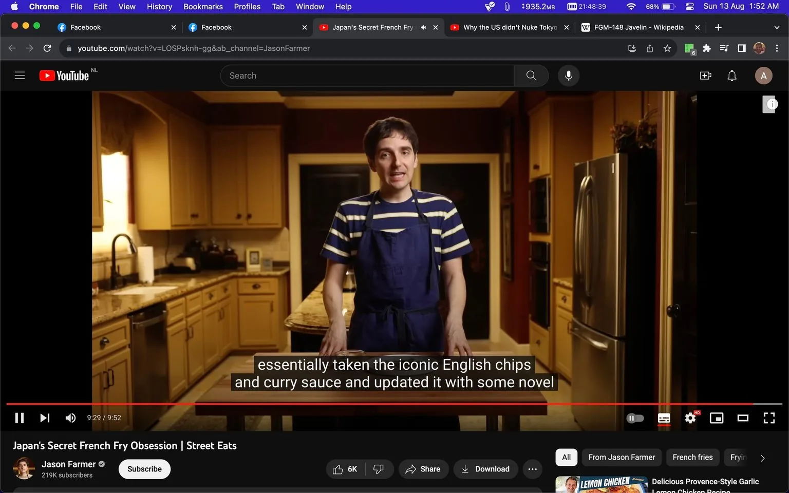 The image is a screenshot from a YouTube video titled "Japan's Secret French Fry Obsession | Street Eats," hosted on the channel Jason Farmer. The scene is set in a warmly lit kitchen, with Jason Farmer standing at a kitchen counter. He is wearing a navy blue apron over a striped shirt, suggesting a casual and approachable cooking presentation. The background shows a modern kitchen layout with wooden cabinets, stainless steel appliances, and decorative elements, enhancing the cozy and homely atmosphere. The video seems to be discussing culinary topics, as indicated by the subtitle, "essentially taken the iconic English chips and curry sauce and updated it with some novel." This suggests a focus on food innovation or fusion cuisine. The scene captures a moment of explanation or demonstration, with Jason Farmer appearing engaged and informative.
- Title: "Japan's Secret French Fry Obsession | Street Eats"
- Channel / profile: "Jason Farmer"
- Site / app: "YouTube"
- Captions / subtitles: "essentially taken the iconic English chips and curry sauce and updated it with some novel"