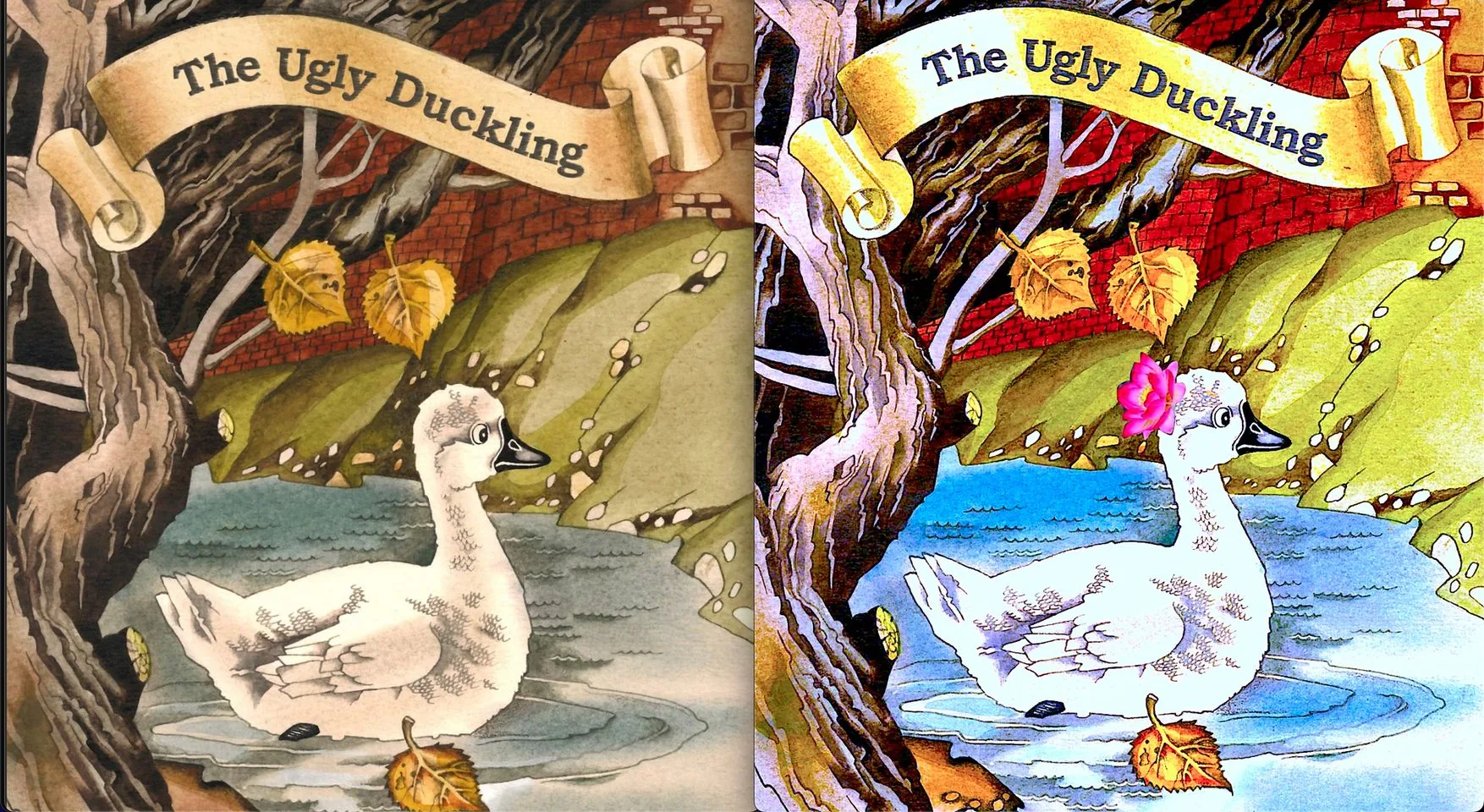 The illustration is a side-by-side comparison of two versions of a scene from "The Ugly Duckling." On both sides, a young duckling is depicted floating in a small pond. In the left image, the colors are more muted with earthy tones of brown, green, and gray, giving it a classic and vintage appearance. The duckling is simple and natural, surrounded by autumn leaves and a twisted tree in the foreground. The background features a brick wall partially visible behind the foliage.
In contrast, the right image is brightly colored with vibrant blues and greens, creating a more modern and lively feel. The duckling here is adorned with a bright pink flower on its head, adding an element of whimsy. The water is a vivid blue, and the yellow leaves stand out more against the rich red of the brick wall. Both images have a banner at the top with the text "The Ugly Duckling," indicating the title of the story.
- Title: "The Ugly Duckling"