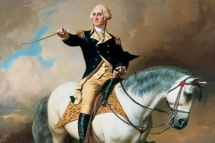 General George Washington is depicted in this historical painting, confidently riding a white stallion. The scene captures him in a commanding pose, as he holds a sword outstretched in his right hand. His attire is a formal military uniform, featuring a dark blue coat with gold trim and epaulettes, a white vest, and tan breeches. The horse, robust and noble in appearance, has a white coat with a speckled gray mane and a small red ribbon in its tail. The background is a dramatic sky, filled with swirling clouds that suggest a sense of movement and urgency. The overall mood of the painting conveys authority and leadership, emblematic of General Washington's role in history. The composition is balanced, with Washington positioned centrally, drawing the viewer's focus to his determined expression and the dynamic posture of the horse. This artwork is a fine example of portraiture from the era, capturing both the grandeur and the historical significance of Washington's military leadership.