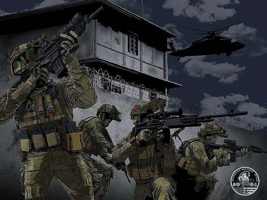 This illustration depicts a nighttime covert military operation reminiscent of "Operation Neptune Spear." The scene is dominated by four armed soldiers in tactical gear, advancing strategically along a barbed-wire perimeter. Each soldier is equipped with modern rifles and night-vision goggles, indicating a high-alert mission. Their body armor and gear are detailed, showing pouches and equipment, suggesting readiness for any scenario. The lighting is dim, with shadows cast from an ominous gray sky, setting a tense, suspenseful atmosphere.
In the background, a helicopter hovers, silhouetted against the cloudy night sky, adding to the sense of urgency and high stakes. The building they are approaching is fortified, with barred windows and surrounded by barbed wire, suggesting a well-defended target. The soldiers' postures are dynamic and focused, clearly in a coordinated effort, reflecting discipline and precision.
In the bottom right corner, there is a logo related to "Operation Neptune Spear," complementing the overall military theme of the illustration. The color palette is primarily dark and muted, enhancing the covert, secretive nature of the mission.