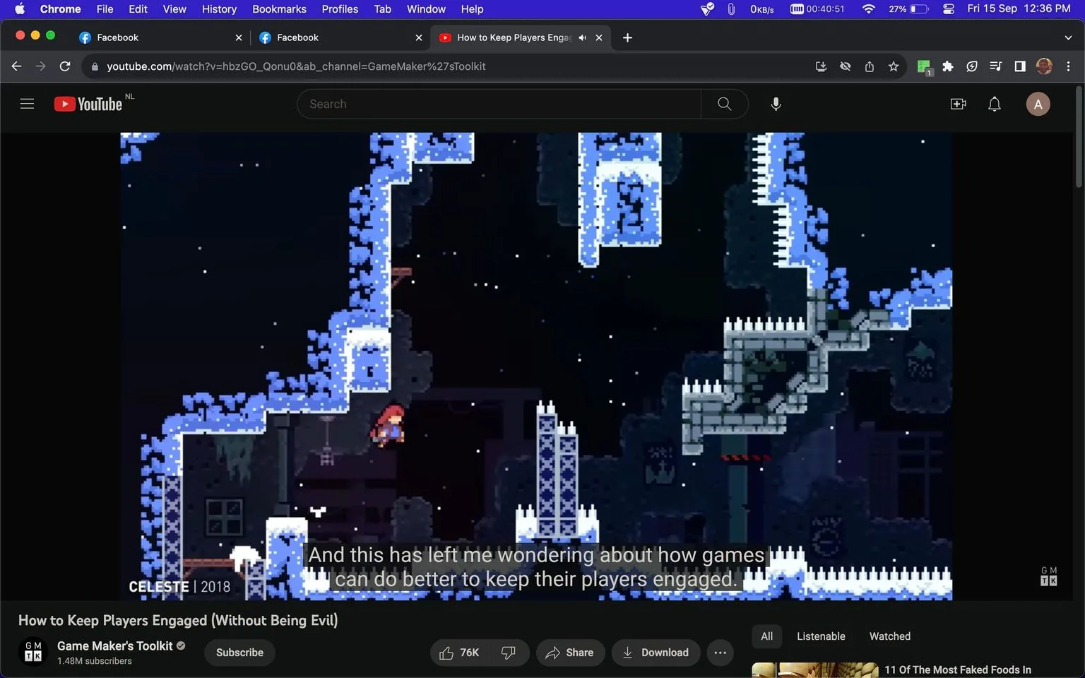 The screenshot is from a YouTube video titled "How to Keep Players Engaged (Without Being Evil)" on the channel Game Maker's Toolkit. The video discusses game design and player engagement strategies. The scene features gameplay from the video game "Celeste," released in 2018. In the image, a character in a red hood navigates through a challenging platform with icy structures and spikes. The scene is set at night, with a dark, starry background, enhancing the sense of adventure and challenge. The visuals are pixelated, reflecting the game's retro style. The caption at the bottom of the screen reads, "And this has left me wondering about how games can do better to keep their players engaged." The video is published by GMTK, which specializes in analyzing game design. The screenshot captures a moment that illustrates the difficult yet engaging nature of the game, aligning with the video's theme of discussing engagement without manipulative tactics.