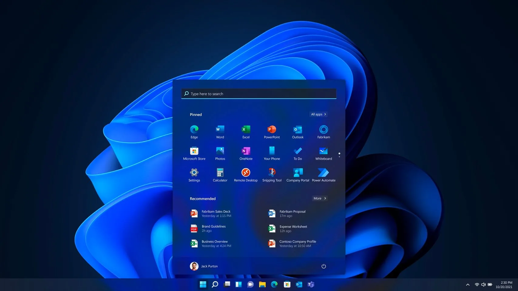 1) Rich description: The screenshot displays a Windows 11 desktop interface featuring the Start Menu, which is centrally aligned at the bottom of the screen. The background showcases a vibrant and abstract blue design, suggesting a modern and sleek aesthetic typical of Windows 11. The Start Menu is prominently open, showing two sections: "Pinned" and "Recommended." The "Pinned" section includes applications such as Edge, Word, Excel, PowerPoint, and Outlook, among others. Each application is represented by its respective icon, providing a visually organized layout. The "Recommended" section displays recently accessed files like "Fabrikam Sales Deck" and "Expense Worksheet," indicating a user-friendly approach to quick access. The taskbar at the bottom includes standard icons such as Start, Search, Task View, Widgets, and the Microsoft Store. The time displayed on the taskbar reads 2:30 PM, and the date is October 20, 2021. The overall lighting is bright, reflecting a clean and professional interface suitable for productivity.
2) On-screen text block:
- Site / app: "Windows 11"
- Key OCR Lines:
- "Pinned"
- "Recommended"
- "Edge"
- "Word"
- "Excel"
- "PowerPoint"
- "Outlook"
- "Fabrikam"
- "Microsoft Store"
- "Photos"
- "OneNote"
- "Your Phone"
- "To Do"
- "Whiteboard"
- "Settings"
- "Calculator"
- "Remote Desktop"
- "Snipping Tool"
- "Company Portal"
- "Power Automate"
- "Fabrikam Sales Deck"
- "Brand Guidelines"
- "Business Overview"
- "Fabrikam Proposal"
- "Expense Worksheet"
- "Contoso Company Profile"