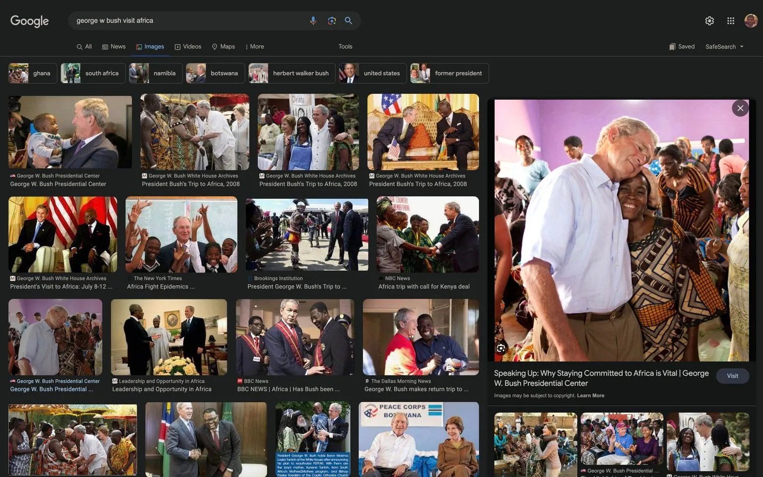 1) Rich description: The image is a screenshot from a Google search results page with the query "george w bush visit africa." The page displays a collection of images related to President George W. Bush's visits to Africa. The central theme across these images is Bush interacting with various African communities and leaders. In one prominent image, he is warmly hugging an African woman, suggesting a friendly and compassionate interaction. Other images show him at official meetings, engaging with children, and participating in ceremonial events. The mood across these images is positive and engaging, highlighting the diplomatic and humanitarian aspects of his visits. The color palette is diverse, reflecting the vibrant and varied settings of Africa. The images originate from reputable sources such as the George W. Bush Presidential Center, The New York Times, and BBC News, indicating the historical and public interest in these events.
2) On-screen text block:
- Title: "george w bush visit africa - Google Search"
- Site / app: "Google"