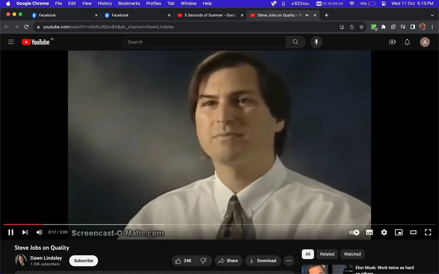 In this video frame, Steve Jobs is featured in a close-up interview setting. He is wearing a white shirt with a patterned tie, conveying a professional and formal appearance. The lighting is soft, creating a neutral backdrop that focuses attention on Jobs. His expression is calm and thoughtful, suggesting a moment of reflection or explanation. The video is titled "Steve Jobs on Quality," indicating the subject matter discussed in the interview. The channel hosting the video is "Dawn Lindsley," and it is available on YouTube. The screen displays a watermark from "Screencast-O-Matic.com" across the bottom, indicating the tool used for screen recording. The overall setting is simple, with a focus on Steve Jobs and his insights on quality, aligning with his known dedication to excellence in product design and technology.