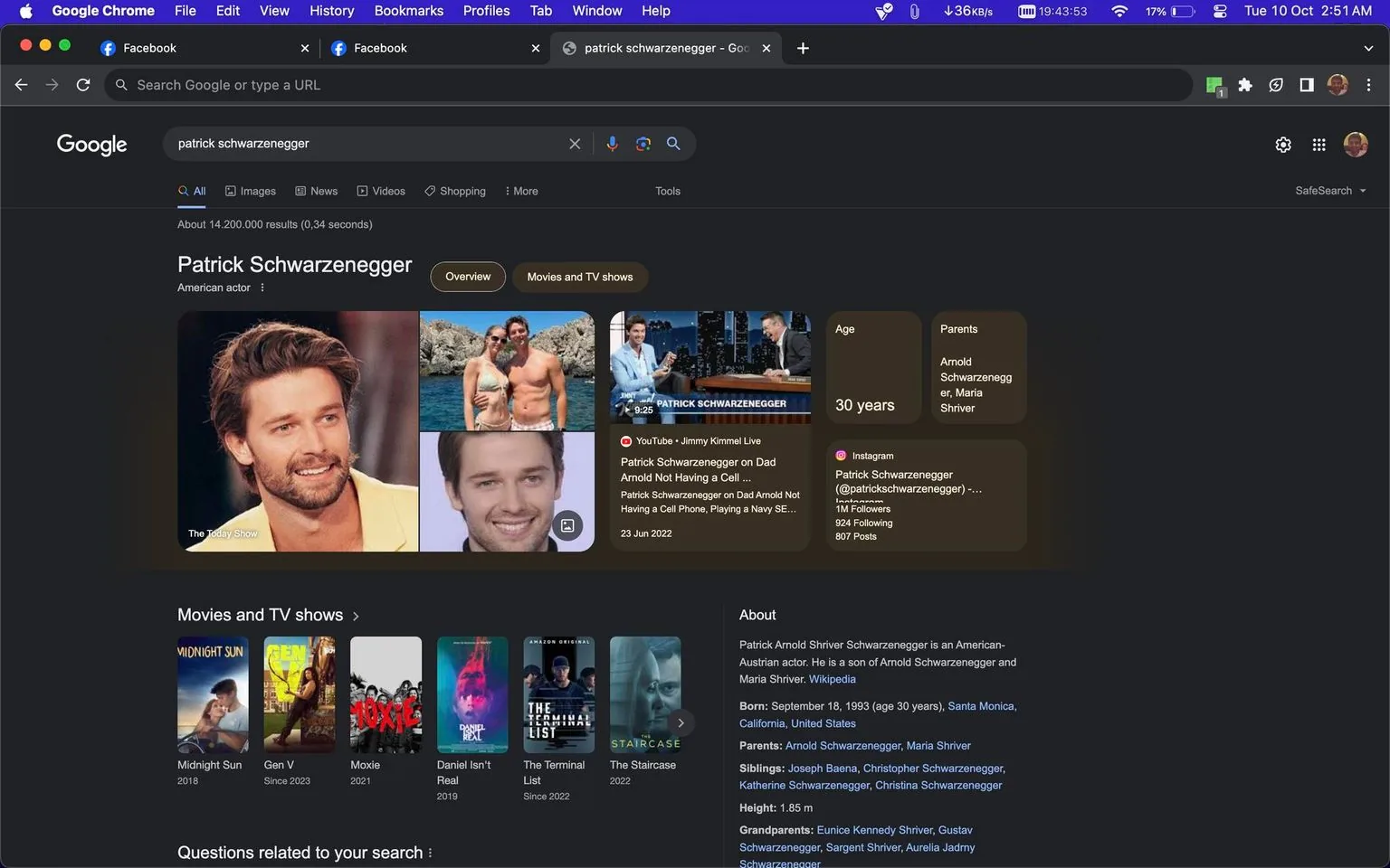 The screenshot shows a Google Chrome browser window open on a Google Search results page for "Patrick Schwarzenegger." The page is in dark mode, giving it a black background with white and colored text. At the top, tabs for Facebook and Google search results indicate active browsing activities.
In the main portion of the screen, there are multiple images of Patrick Schwarzenegger, including a close-up from "The Today Show" and a personal photo with another person by the water. A video thumbnail from "Jimmy Kimmel Live" shows him in conversation with the host.
On the right, a sidebar provides details about Patrick Schwarzenegger, including his age (30 years) and parents (Arnold Schwarzenegger, Maria Shriver). Below, his Instagram handle is listed with follower and post statistics.
The bottom of the screen lists movies and TV shows associated with him, such as "Midnight Sun" and "The Terminal List." The browser's interface is visible, with bookmarks and tabs, reflecting typical user engagement with search engines.
- Title: "patrick schwarzenegger - Google Search"
- Site / app: "Google Chrome"