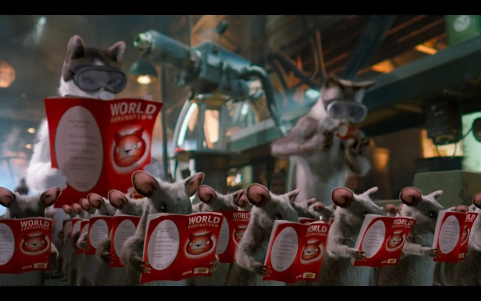 In this comical scene from "Cats & Dogs," a group of mice are humorously portrayed reading manuals titled "WORLD DOMINATION." The mice are lined up in rows, all holding the books, creating a sense of organized chaos. In the background, a cat wearing goggles is also engaging with the manual, adding to the humorous tone. The setting appears to be a laboratory, with industrial equipment and pipes visible, contributing to the theme of a secretive and somewhat ridiculous plan. The lighting is warm, illuminating the characters and their expressions, which seem focused and determined, yet the context suggests a light-hearted atmosphere. The cover of the manual features a mischievous-looking cat, reinforcing the comedic theme of animals plotting grand schemes. The scene uses animation to bring these animals to life, capturing their exaggerated actions and expressions for comedic effect.
- Title: "WORLD DOMINATION"
