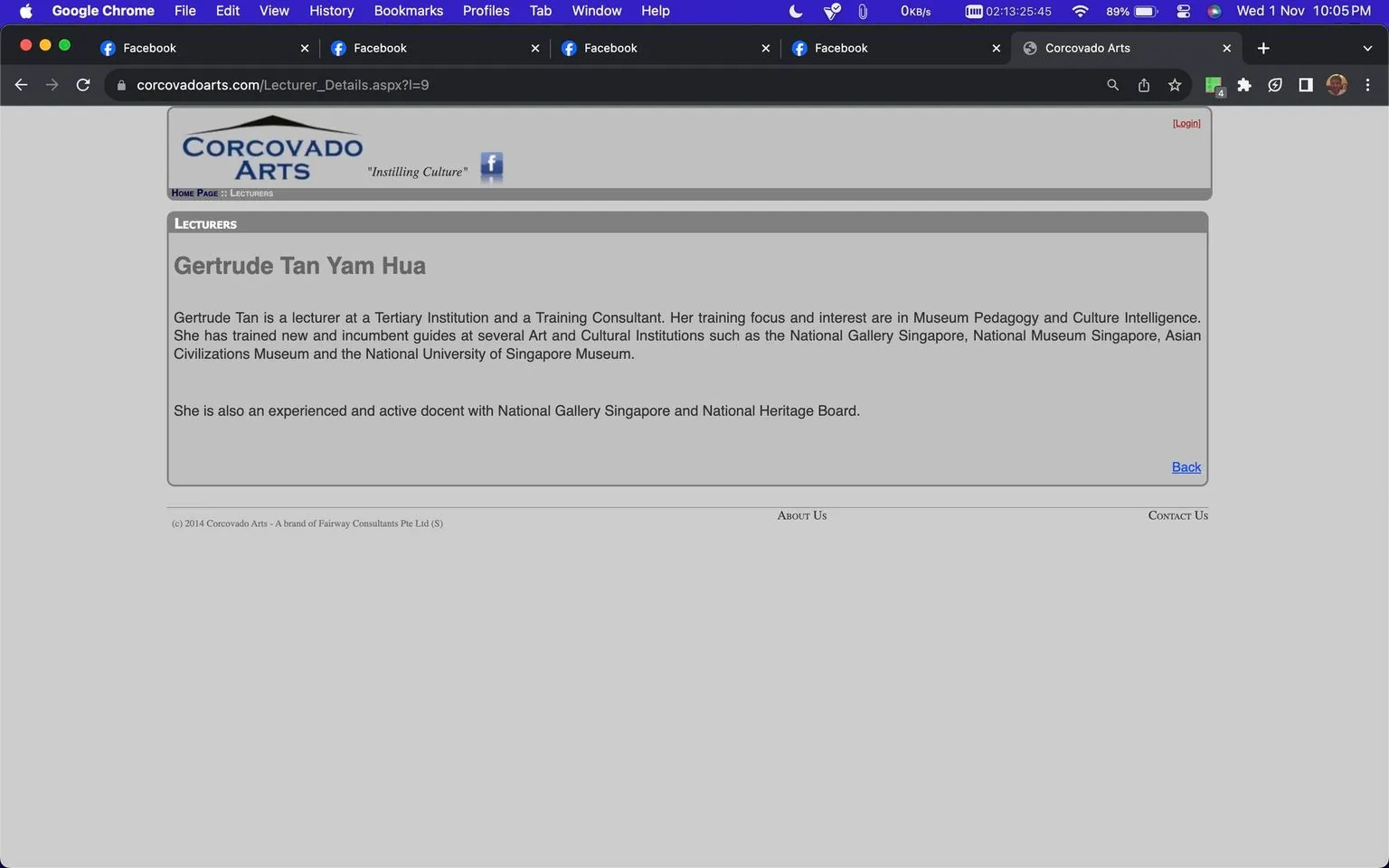 The screenshot displays a webpage from "Corcovado Arts" featuring a profile for Gertrude Tan Yam Hua. The page is titled "Lecturer Details." It is part of a professional website dedicated to promoting culture and education, as indicated by the tagline “Instilling Culture.” The page provides an overview of Gertrude Tan’s career, identifying her as a lecturer and training consultant with expertise in museum pedagogy and culture intelligence. She has significant experience training guides in prominent Singaporean institutions like the National Gallery Singapore and the Asian Civilizations Museum, among others. Additionally, she serves as a docent with the National Gallery Singapore and the National Heritage Board. The page uses a straightforward design, with clear headings and concise text in a simple layout, reflecting a professional and informative tone. The footer notes that Corcovado Arts is a brand of Fairway Consultants Pte Ltd, established in 2014. The webpage is viewed on a browser with familiar navigation elements visible, such as tabs and a bookmark bar.