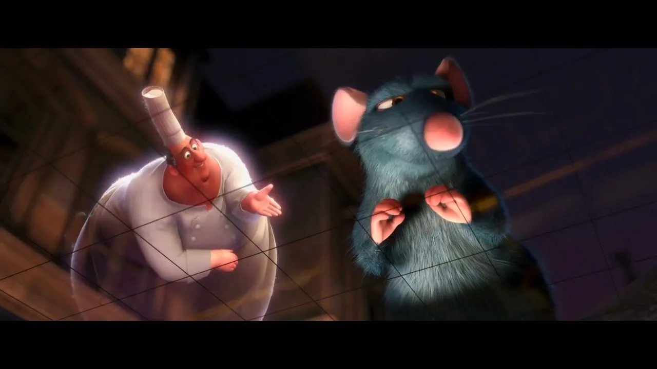 In this scene from the animated film "Ratatouille," two characters are prominently featured. On the left, a chef is depicted with a friendly expression, gesturing with open hands as if engaging in conversation. He is dressed in a traditional white chef's uniform, complete with a tall chef's hat. The lighting casts a soft glow around him, creating a warm and inviting atmosphere.
Next to him is a large rat, standing upright. The rat has a slightly skeptical or thoughtful expression, with eyes narrowed and hands raised in front of him. His fur is a dark blue-gray, contrasting with his bright pink nose and ears. The background suggests an outdoor setting at night, with the faint outline of buildings visible, giving the impression of a cityscape. The scene is framed by a grid-like pattern, adding an interesting visual element. The animation is stylistically detailed, capturing the charm and whimsy characteristic of the film.