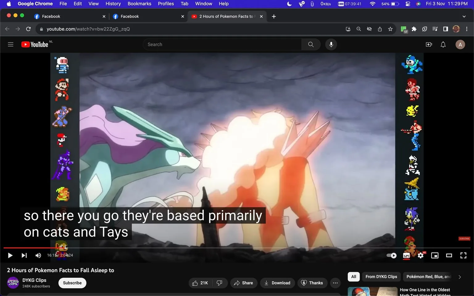 This image is a screenshot from a YouTube video titled "2 Hours of Pokemon Facts to Fall Asleep to," uploaded by the channel DYKG Clips. The video shows a scene from the animated series "Pokemon," featuring two Legendary Pokemon characters engaged in a confrontation. On the left, the character with a blue and purple color scheme, Suicune, is poised opposite a fiery, orange character, Entei. The setting is outdoors, with a dramatic, cloudy sky in the background, enhancing the intensity of the scene.
The video player interface is visible, showing a timeline at 16:15 of a 2:00:24 duration video. On the left side of the screen, there are pixelated icons of various video game characters. Captions at the bottom of the screen read: "so there you go they're based primarily on cats and Tays." This suggests a discussion or fact about the inspiration behind these Pokemon characters. The user interface at the top indicates the viewer is using Google Chrome, with multiple tabs open, including Facebook. The layout and design suggest a typical YouTube viewing experience, with options to like, share, and download the video visible below the title.