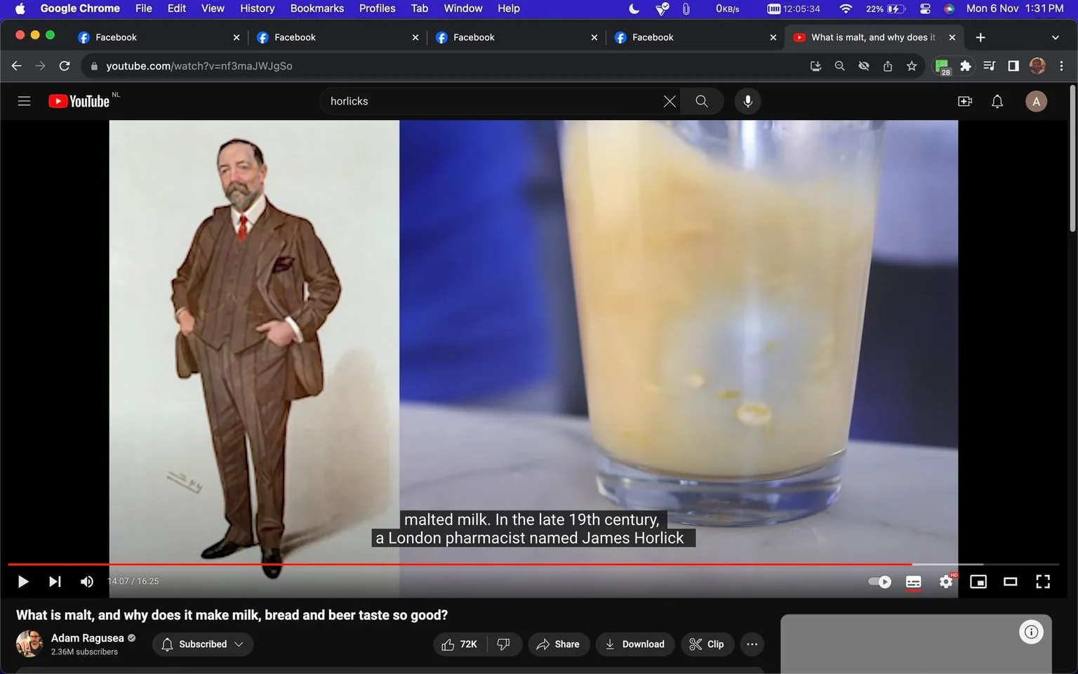 The image is a screenshot from a YouTube video titled "What is malt, and why does it make milk, bread and beer taste so good?" by Adam Ragusea. It features a split screen with two images. On the left is a portrait of a man, identified in the subtitle as James Horlick, a London pharmacist from the late 19th century. He is dressed in a brown pinstriped suit with a vest and tie, standing in a formal pose with his hands in his pockets. The right side of the screen shows a close-up of a glass containing a light-colored malted beverage, with visible grains floating inside. The background is blurred, with a hint of blue, drawing focus to the glass. The video explores the history and science of malted milk. The interface around the video shows the YouTube platform with standard controls and a search bar at the top. The screenshot captures the educational and historical aspects of malt production and its impact on taste in foods and drinks.