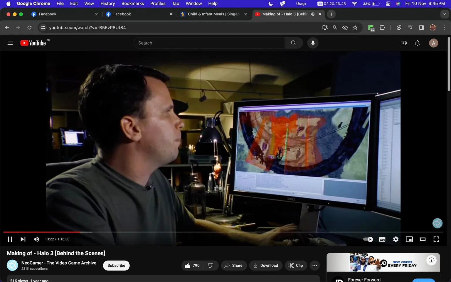 In this image, a person is seated at a computer workstation, engaged in a task related to video game development. The scene is from a YouTube video titled "Making of - Halo 3 [Behind the Scenes]" on the channel NeoGamer - The Video Game Archive. The person, whose identity is not specified, is focused on a large monitor displaying a colorful map or level design from the game "Halo 3." The setting is an indoor office space, possibly a development studio, dimly lit with a desk lamp casting light on the workspace. Computers and monitors are visible in the background, indicating a professional environment dedicated to game development. The individual is casually dressed, embodying a typical work atmosphere in the tech or gaming industry. The overall mood suggests concentration and creativity, capturing a moment in the process of crafting a significant video game.
- Title: "Making of - Halo 3 [Behind the Scenes]"
- Channel / profile: "NeoGamer - The Video Game Archive"
- Site / app: "YouTube"