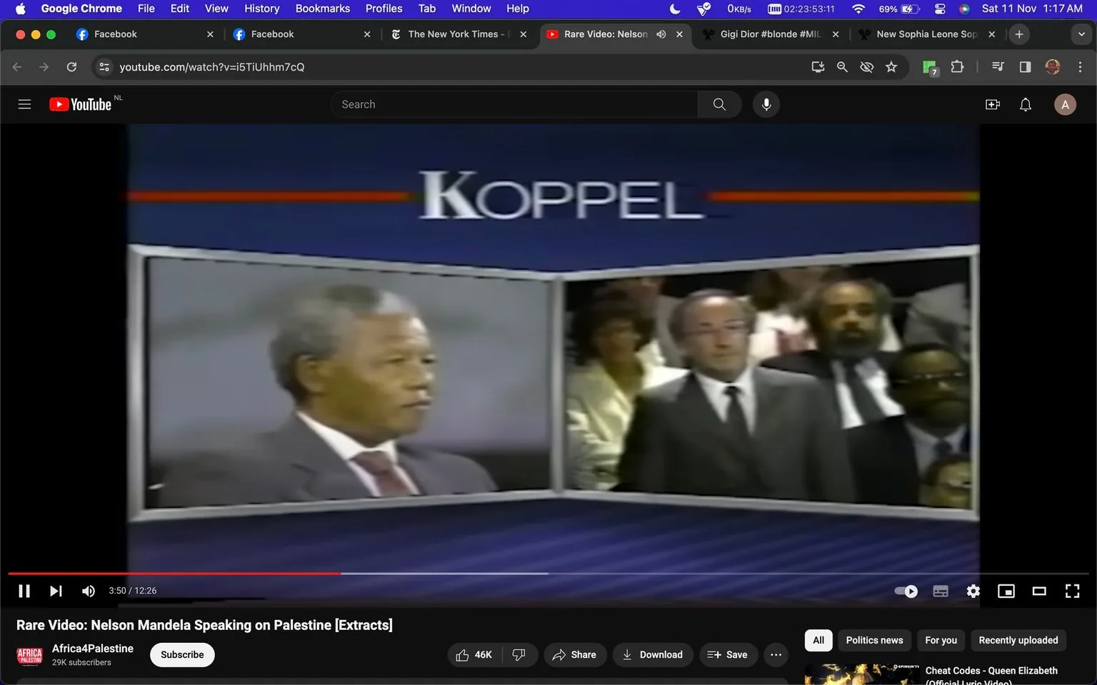 The image is a screenshot from a YouTube video titled "Rare Video: Nelson Mandela Speaking on Palestine [Extracts]," hosted on the Africa4Palestine channel. It features two frames: the left frame shows Nelson Mandela, and the right frame displays a group of people, possibly in a studio or audience setting. The text "KOPPEL" is prominently shown above the frames, suggesting a television program format, likely referencing a show hosted by Ted Koppel. The setting appears to be indoors, typical of a television interview or discussion, with a formal atmosphere. Mandela is seen in a suit, indicating a professional and serious context. The lighting is typical for studio settings, focusing on clarity and visibility. The screenshot captures a moment of discourse or response, with Mandela likely addressing significant political topics, given the reference to Palestine in the video title.
- Title: "Rare Video: Nelson Mandela Speaking on Palestine [Extracts]"
- Channel / profile: "Africa4Palestine"
- Site / app: "YouTube"