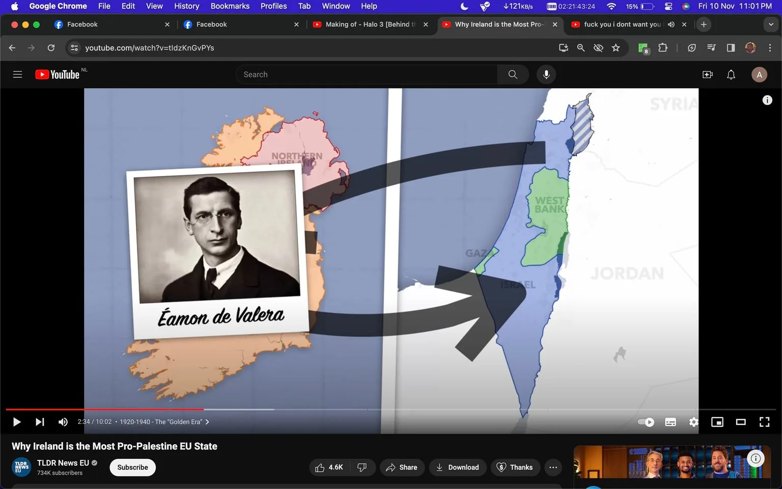 The video frame from YouTube is titled "Why Ireland is the Most Pro-Palestine EU State" and is from the channel TLDR News EU. It features a split screen with a photograph of Éamon de Valera on the left, displayed as an old sepia-toned image, complete with his name underneath. The background shows a map of Ireland and Northern Ireland in muted tones. On the right, there is a map of the Eastern Mediterranean region, highlighting areas such as Gaza, the West Bank, Israel, Jordan, and Syria. Arrows connect the two maps, suggesting a thematic or historical link between Ireland and the Palestinian regions. The video appears to explore historical or political connections, possibly focusing on Ireland's stance on Palestinian issues. The map colors are subdued, with areas of interest like Israel and the West Bank highlighted in blue and green. The text mentions "1920-1940" and "The 'Golden Era,'" providing a historical context, likely related to Éamon de Valera's political influence during that period. The scene is informative and analytical, aimed at explaining Ireland's political position regarding Palestine.
- Title: "Why Ireland is the Most Pro-Palestine EU State"
- Channel / profile: "TLDR News EU"
- Site / app: "YouTube"
