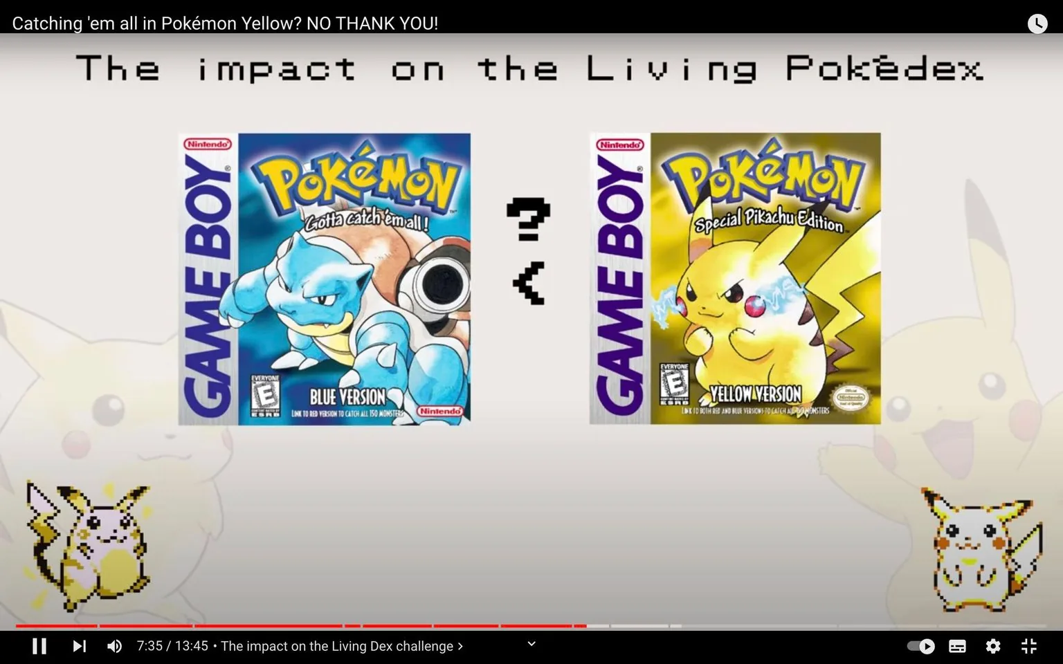 The image is a frame from a video discussing the challenges of completing a Living Pokédex in different versions of Pokémon games. It features the cover art of "Pokémon Blue Version" on the left and "Pokémon Yellow Version" on the right. The "Blue Version" cover shows Blastoise, a large blue turtle-like Pokémon, against a blue background. The "Yellow Version," labeled as "Special Pikachu Edition," highlights Pikachu, the franchise's iconic yellow electric mouse Pokémon, against a bright yellow background. Both are for the Nintendo Game Boy, with the Game Boy branding in purple on the sides of each cover. The visual theme is nostalgic, leveraging the classic box art to emphasize the discussion topic. The text "The impact on the Living Pokédex" is prominently displayed above the covers, indicating the video’s focus on how each game affects the ability to complete a Living Pokédex. The background is light gray, with pixel art of Pikachu at the bottom corners, reinforcing the Pokémon theme. The overall mood is informative and retro, appealing to fans of the original Pokémon games.