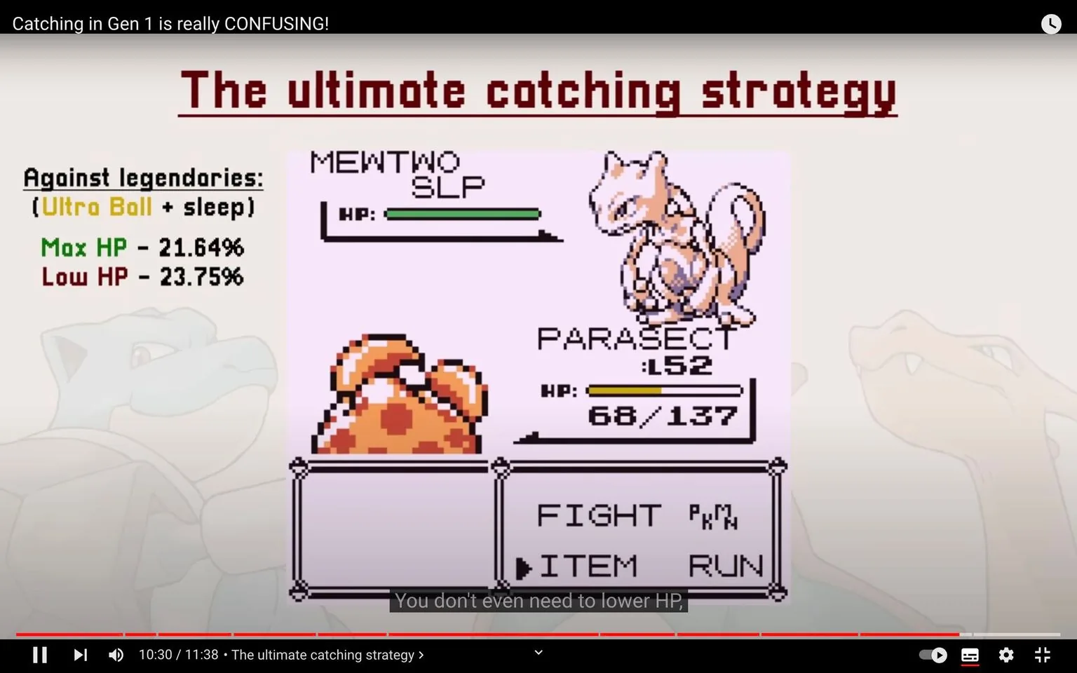The image is a screenshot from a YouTube video titled "Catching in Gen 1 is really CONFUSING!" It features gameplay from the classic Pokémon games, likely Pokémon Red or Blue. The scene shows a battle screen with a Mewtwo that is asleep, indicated by "MEWTWO SLP" next to its health bar, which is full. Facing Mewtwo is a Parasect at level 52, with its health at 68 out of 137. The ultimate catching strategy is being discussed, highlighting odds of capturing legendary Pokémon using an Ultra Ball combined with the sleep status, showing percentages for both maximum and low HP conditions. The backdrop includes a faint image of Charizard, adding to the nostalgic feel of the classic game environment. The text is in a pixelated style typical of early video game graphics. The video seems to be exploring strategies for capturing rare Pokémon, emphasizing the mechanics of status effects and their impact on capture success rates. The visual layout is dominated by the game interface, with menus for "FIGHT," "ITEM," and "RUN" visible, typical of Pokémon battles. The on-screen caption notes, "You don't even need to lower HP," suggesting a strategic tip for players.