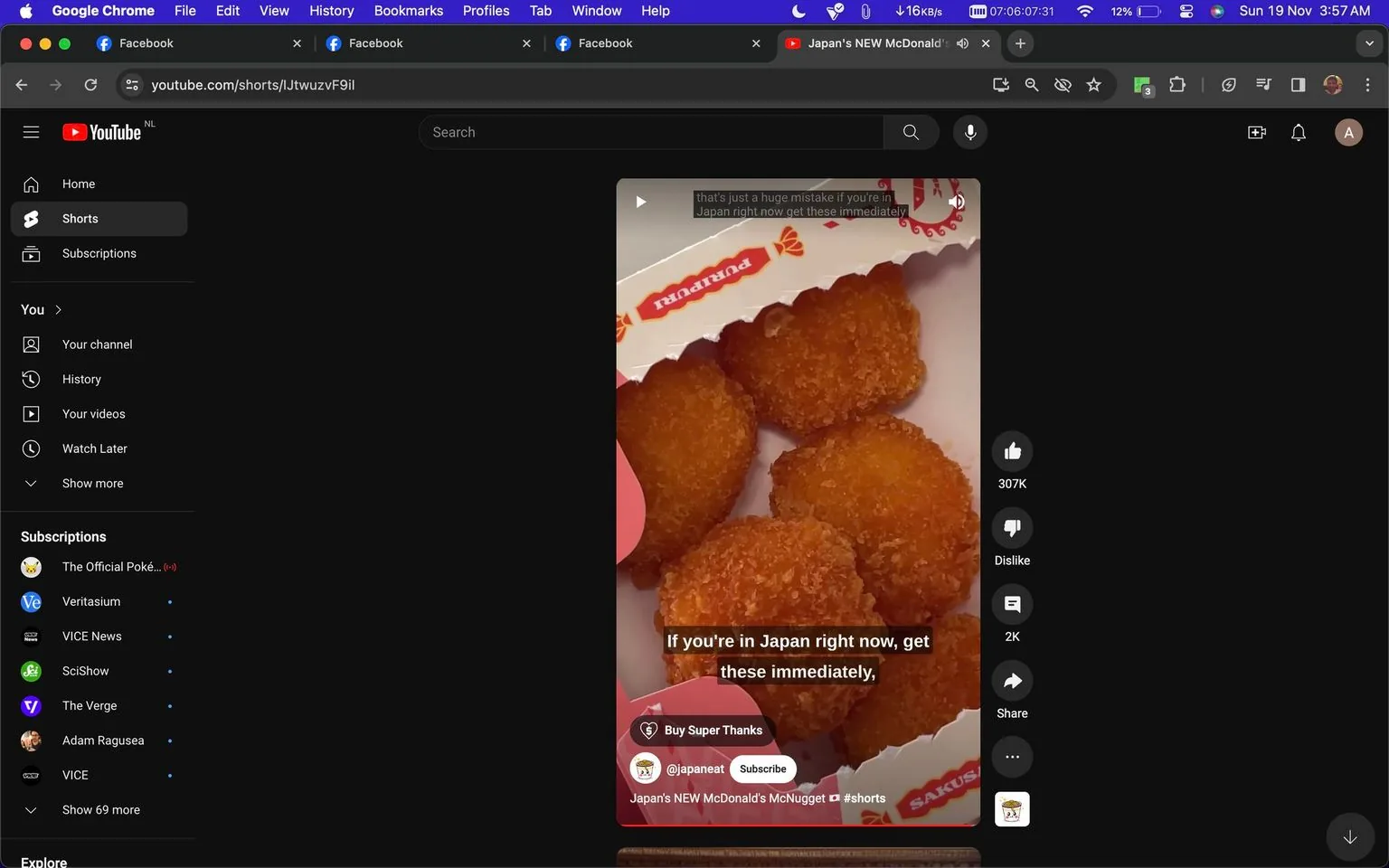 1) The screenshot captures a YouTube Short featuring Japan's new McDonald's McNuggets. The screen is divided with a video playing on the right side showing a close-up of several crispy, golden-brown nuggets. These nuggets are placed in a branded McDonald's box, with some text labeled on it. The text overlay in the video suggests urgency, encouraging viewers in Japan to try the nuggets immediately. The YouTube interface surrounds the video with options like like, dislike, share, and comment, each accompanied by icons. The sidebar to the left includes menu options such as Home, Shorts, and Subscriptions. The video has received a significant amount of engagement, with 307K likes and 2K comments. The top of the browser showcases open tabs, including Facebook and YouTube. The visual theme is dominated by a dark mode, typical of a YouTube interface, with white text and colorful icons providing contrast.
- Title: "Japan's NEW McDonald's McNugget"
- Channel / profile: "@japaneat"
- Site / app: "YouTube"
- Captions / subtitles: "If you're in Japan right now, get these immediately,"