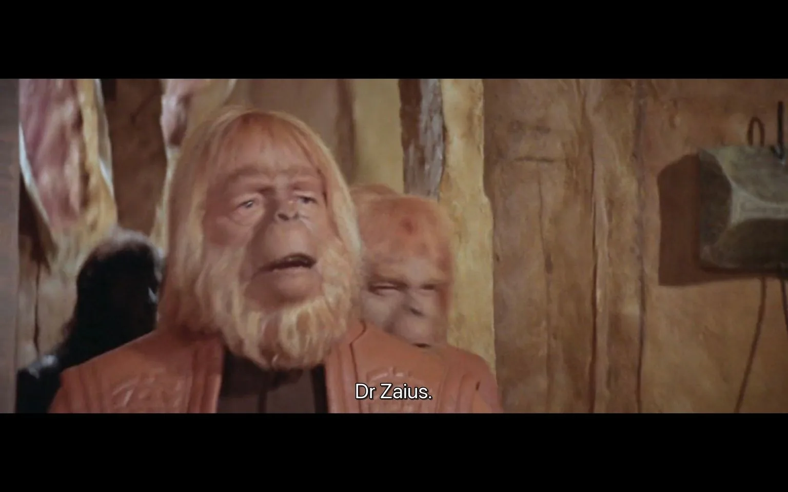 In this scene from the classic film "Planet of the Apes," the character Dr Zaius is shown prominently in the foreground. He has an orangutan-like appearance, characterized by his distinctive makeup and costume design, which includes a light brown robe. His face is expressive, with detailed prosthetics giving him a realistic ape-like look. The background features earthy tones, suggesting a primitive or cave-like setting typical of the movie's aesthetic. Another character, also resembling an orangutan, is partially visible behind Dr Zaius, adding depth to the composition. The lighting is warm and natural, highlighting the intricate details of the makeup and set design. The scene's mood is serious and contemplative, fitting the sci-fi genre's exploration of complex themes. The caption "Dr Zaius" confirms the character's name, grounding the viewer in the narrative.