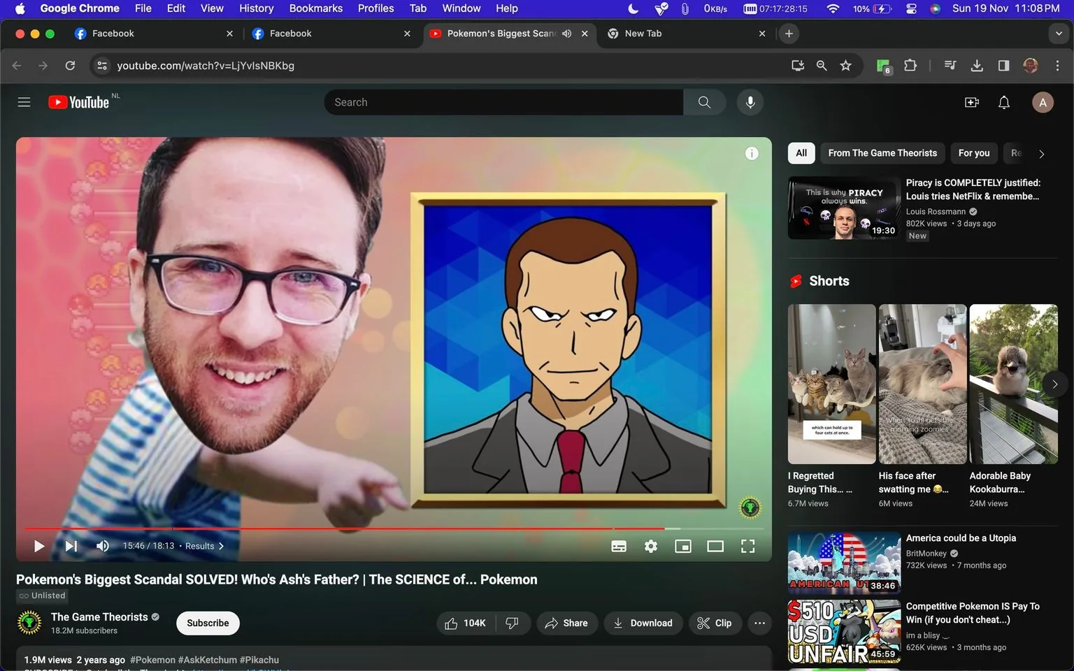 The screenshot displays a YouTube video titled "Pokemon's Biggest Scandal SOLVED! Who's Ash's Father? | The SCIENCE of... Pokemon" by the channel "The Game Theorists." The video is paused at the 15:46 mark of an 18:13 duration. In the foreground, there's an edited image of a man with glasses, superimposed over a child's body, reaching toward an animated character in a frame.
The background is a mix of pink and blue hues with subtle geometric patterns. The animated character is depicted in a formal suit and tie, suggesting a serious demeanor. The YouTube interface around the video shows typical elements such as the title, view count of 1.9M, and an option to subscribe to the channel. On the right are related video suggestions and Shorts, displaying a variety of engaging thumbnails.
- Title: "Pokemon's Biggest Scandal SOLVED! Who's Ash's Father? | The SCIENCE of... Pokemon"
- Channel / profile: "The Game Theorists"
- Site / app: "YouTube"