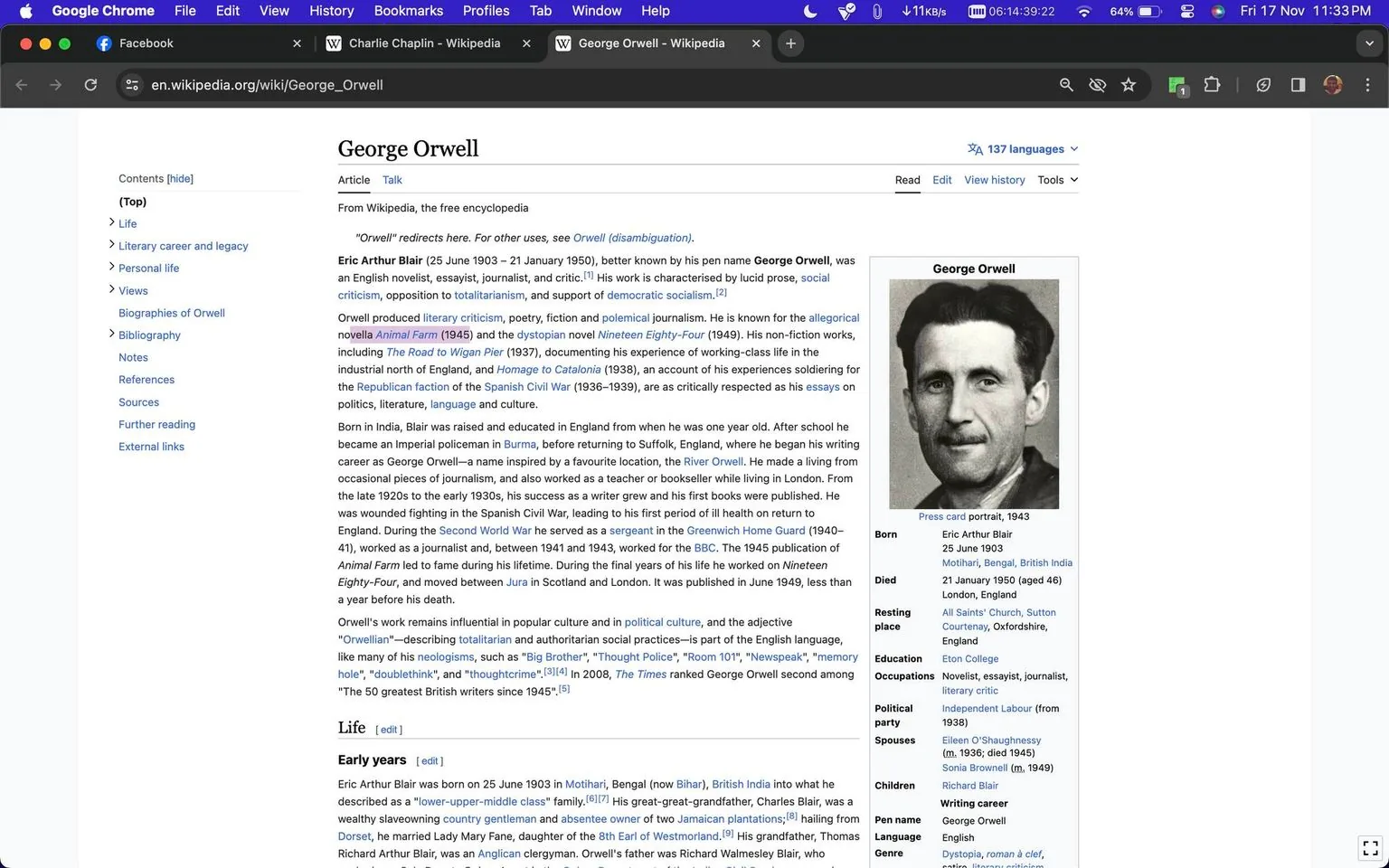 The screenshot depicts a Wikipedia page about George Orwell, a renowned English novelist, essayist, journalist, and critic. The page features a black and white portrait of Orwell, identified by his real name, Eric Arthur Blair, along with his birth and death dates (25 June 1903 – 21 January 1950). This image appears in a sidebar on the right, which also includes key personal details such as his birthplace, resting place, and educational background. The main text provides an overview of Orwell's work, highlighting his notable allegorical novella "Animal Farm" (1945) and the dystopian novel "Nineteen Eighty-Four" (1949). Other works mentioned include "The Road to Wigan Pier" (1937) and "Homage to Catalonia" (1938). The page describes Orwell's influence on political and cultural thought, including the adjective "Orwellian," which describes his critiques of totalitarianism and social practices. The page is structured with sections on his life, career, personal life, and bibliographies, typical of Wikipedia's layout. The background is a simple white, ensuring the text is readable, with navigation options visible at the top for other Wikipedia articles and functionalities.