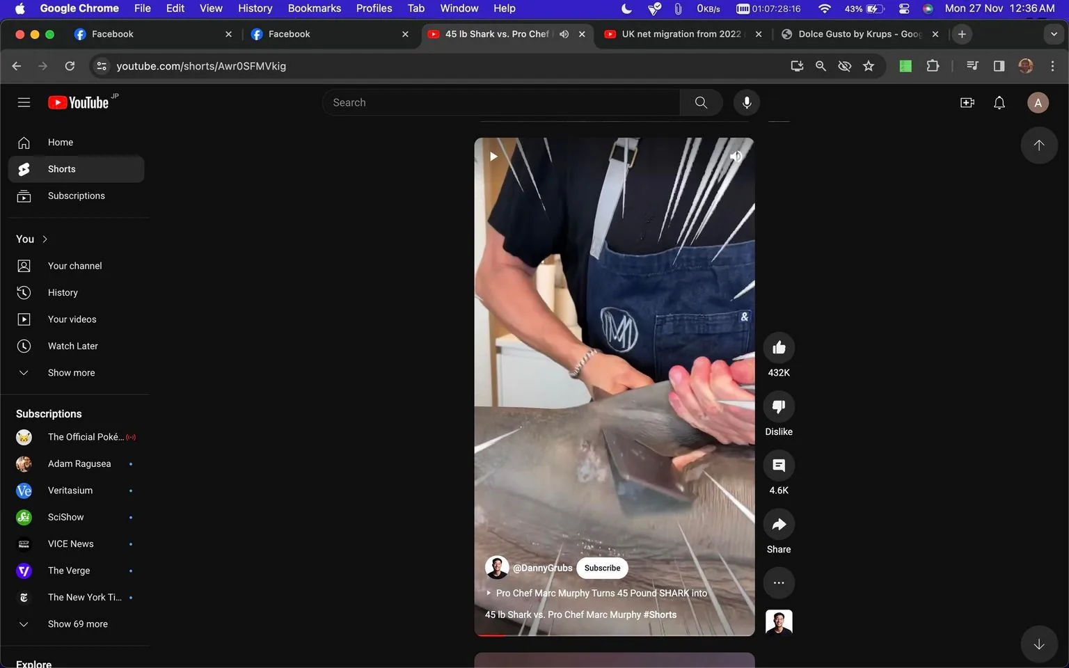 The image is a screenshot from a YouTube Shorts video titled "45 lb Shark vs. Pro Chef Marc Murphy #Shorts" on the channel "DannyGrubs." The scene depicts a person, presumably Pro Chef Marc Murphy, handling what appears to be a large shark. The person is wearing a dark apron with an "MM" logo, indicating professional culinary attire. The setting seems to be a kitchen with a focus on food preparation, as suggested by the presence of a large kitchen knife and a piece of fish, possibly shark meat, being processed.
The screenshot captures a moment where the chef's hands are engaged in cutting or preparing the shark. The background is out of focus, emphasizing the action in the foreground. The lighting is bright, typical of a kitchen environment, highlighting the details of the shark's texture and the chef's movements. The video seems to cater to viewers interested in cooking or seafood preparation, showcasing the skills of a professional chef handling an unusual and challenging ingredient like a shark.
- Title: "45 lb Shark vs. Pro Chef Marc Murphy #Shorts"
- Channel / profile: "DannyGrubs"
- Site / app: "YouTube"
- Captions / subtitles: "Pro Chef Marc Murphy Turns 45 Pound SHARK into"