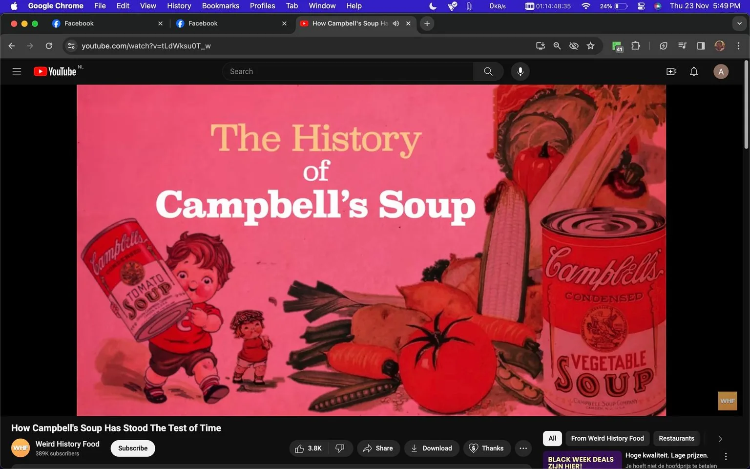 The screenshot is from a YouTube video titled "How Campbell's Soup Has Stood The Test of Time" on the channel Weird History Food. The main visual is a vintage-style illustration with a pink background showcasing classic Campbell’s Soup branding. Prominent in the image is a can of Campbell's Vegetable Soup alongside a variety of vegetables such as a tomato, corn, carrots, and a pepper, emphasizing the product's ingredients. The scene also features two cartoonish children, one holding a large can of Campbell's Tomato Soup, which adds a playful and nostalgic element to the composition. The text "The History of Campbell’s Soup" is prominently displayed in the center, suggesting the video's focus on the brand's journey over time. The screenshot reflects a retro, advertisement-like aesthetic, rich with warm colors and iconic imagery associated with the Campbell's brand. The browser interface indicates that it is viewed on Google Chrome, with multiple tabs open at the top.