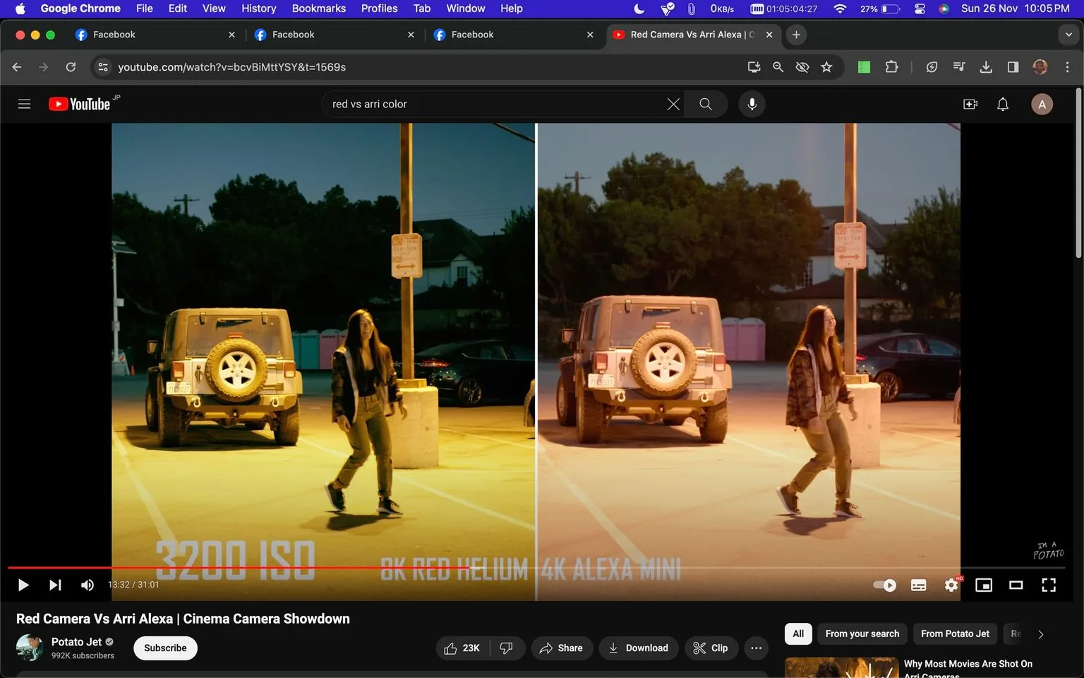The image displays a side-by-side comparison of two video frames from a YouTube video titled "Red Camera Vs Arri Alexa | Cinema Camera Showdown" on the channel Potato Jet. It showcases footage captured at night in a parking lot. On the left, the scene is illuminated with a cooler color tone, marked by the text "3200 ISO 8K RED HELIUM." On the right, the scene has a warmer tone, labeled as "4K ALEXA MINI."
In both frames, a woman is walking through a parking lot, dressed casually in a jacket and jeans. She appears to be in motion, stepping forward with one foot off the ground. A jeep is prominently parked in the background under a streetlight, with trees and another vehicle visible further back. The lighting from the streetlamp casts distinct shadows, highlighting the differences in color grading and resolution between the two camera setups. The screenshot captures the essence of a technical comparison, focusing on visual aesthetics and image quality.