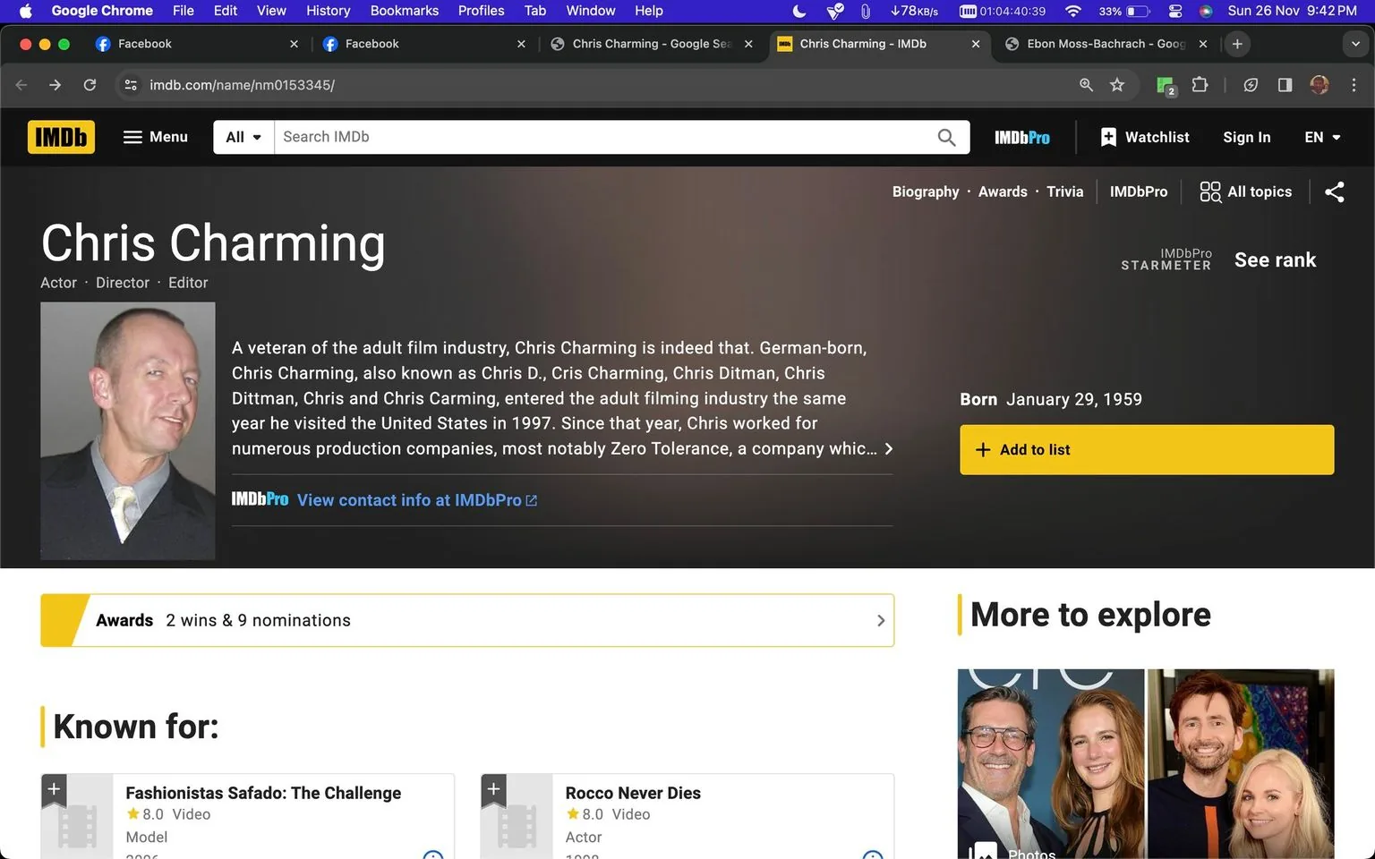 The screenshot shows a profile page on IMDb for Chris Charming, an actor, director, and editor. The page presents biographical information about Chris Charming, highlighting his entry into the adult film industry and his German origins. Born on January 29, 1959, Chris Charming is described as a veteran in his field. The profile details various aliases he has used, such as Chris D., Cris Charming, Chris Ditman, Chris Dittman, Chris, and Chris Carming. This page notes that he began his career in the U.S. in 1997 and has worked with many production companies, notably Zero Tolerance.
The layout includes a picture of Chris Charming in a formal setting, wearing a suit and tie, with a slight smile. Below this, there are sections listing his awards and notable works, including "Fashionistas Safado: The Challenge" and "Rocco Never Dies." The interface includes typical IMDb features such as options to add to a list, view contact info via IMDbPro, and explore related content.
- Title: "Chris Charming"
- Site / app: "IMDb"
