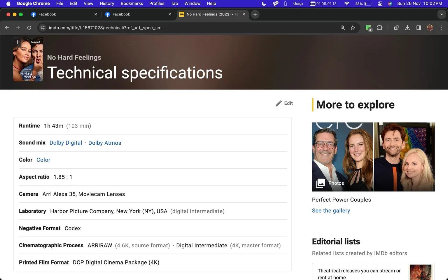 The screenshot shows a webpage from IMDb displaying the technical specifications for the film "No Hard Feelings." The page is titled "Technical specifications" and contains a range of technical details about the film. The runtime is listed as 1 hour and 43 minutes (103 minutes). The sound mix includes Dolby Digital and Dolby Atmos technologies. The film is in color and has an aspect ratio of 1.85:1.
The camera used for filming was an Arri Alexa 35 with Moviecam Lenses. The laboratory responsible for the digital intermediate process is Harbor Picture Company in New York, USA. The negative format is Codex, with a cinematographic process involving ARRIRAW (4.6K) and a digital intermediate at 4K. The printed film format is DCP Digital Cinema Package (4K).
The webpage is part of IMDb and has a sidebar suggesting more content to explore, including a section titled "Perfect Power Couples" with accompanying images. The browser view shows multiple open tabs at the top, including Facebook and IMDb-related pages, with the device time and date visible at the top right corner of the screen.
- Title: "No Hard Feelings Technical specifications"
- Site / app: "IMDb"
