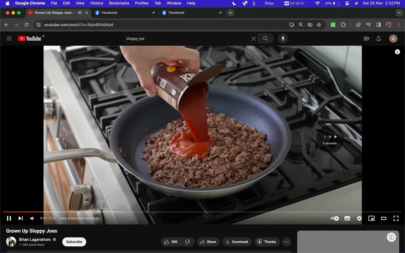 A video frame from YouTube showcases a cooking scene titled "Grown Up Sloppy Joes" by Brian Lagerstrom. The scene is set in a modern kitchen, where a person is pouring a can of red sauce into a pan filled with browned ground beef on a stovetop. The pan is on a gas burner, suggesting active cooking. The person's hand is visible, holding the can at an angle to pour the sauce evenly over the meat.
The stove is metallic with a sleek design, hinting at a contemporary kitchen setup. This adds a professional aesthetic to the cooking process. The image captures the moment in action, contributing to the dynamic feel of the cooking demonstration. The video frame is part of a tutorial or recipe video, offering viewers a detailed look at how to make a refined version of the classic sloppy joe.
- Title: "Grown Up Sloppy Joes"
- Channel / profile: "Brian Lagerstrom"
- Site / app: "YouTube"